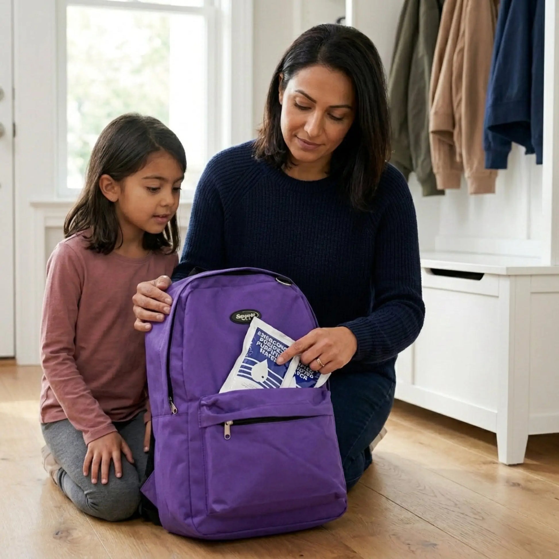 woman and daughter looking at purple emergency survival backpack for kids together