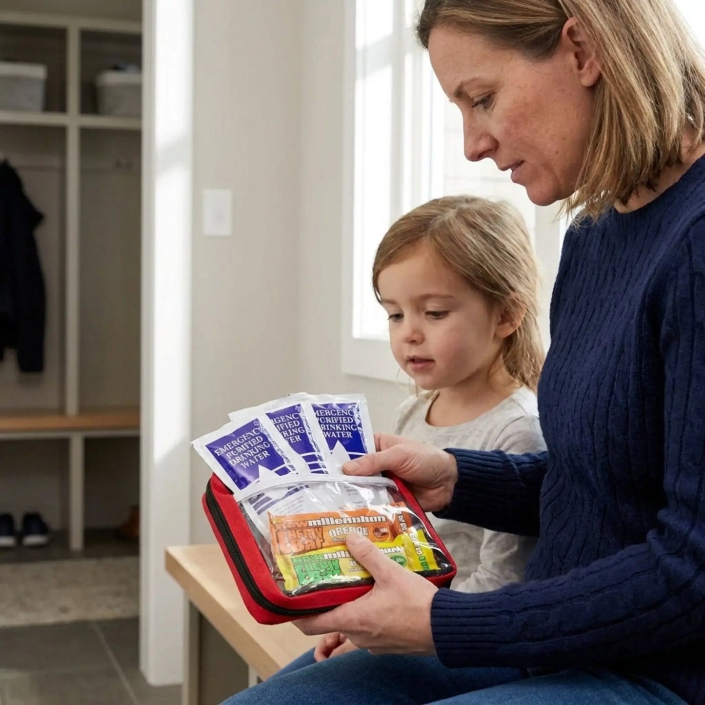 mom holding kit and explaining contents to child