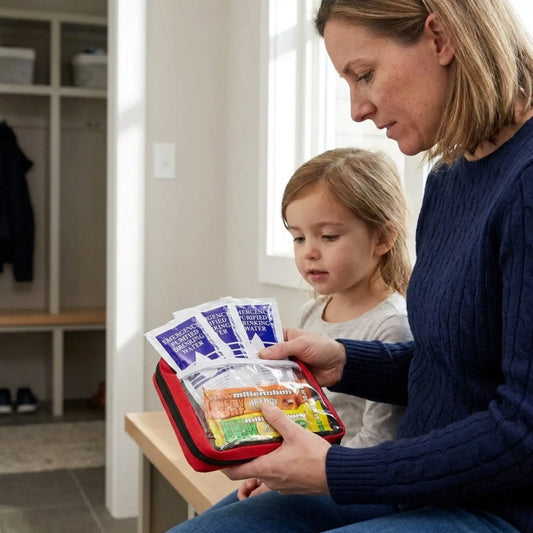 mom holding kit and explaining contents to child