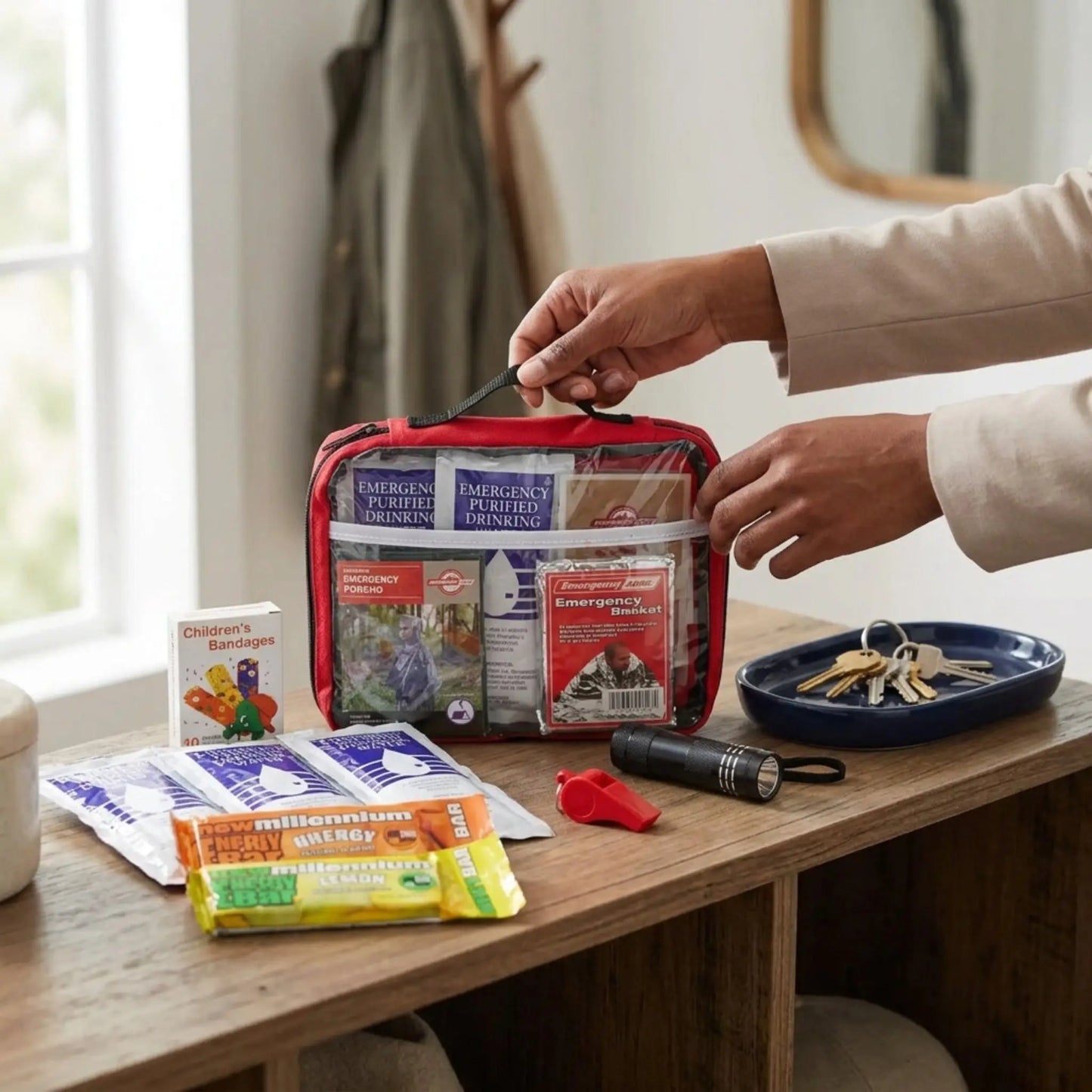 mom placing kit on counter with some contents in case and come next to it