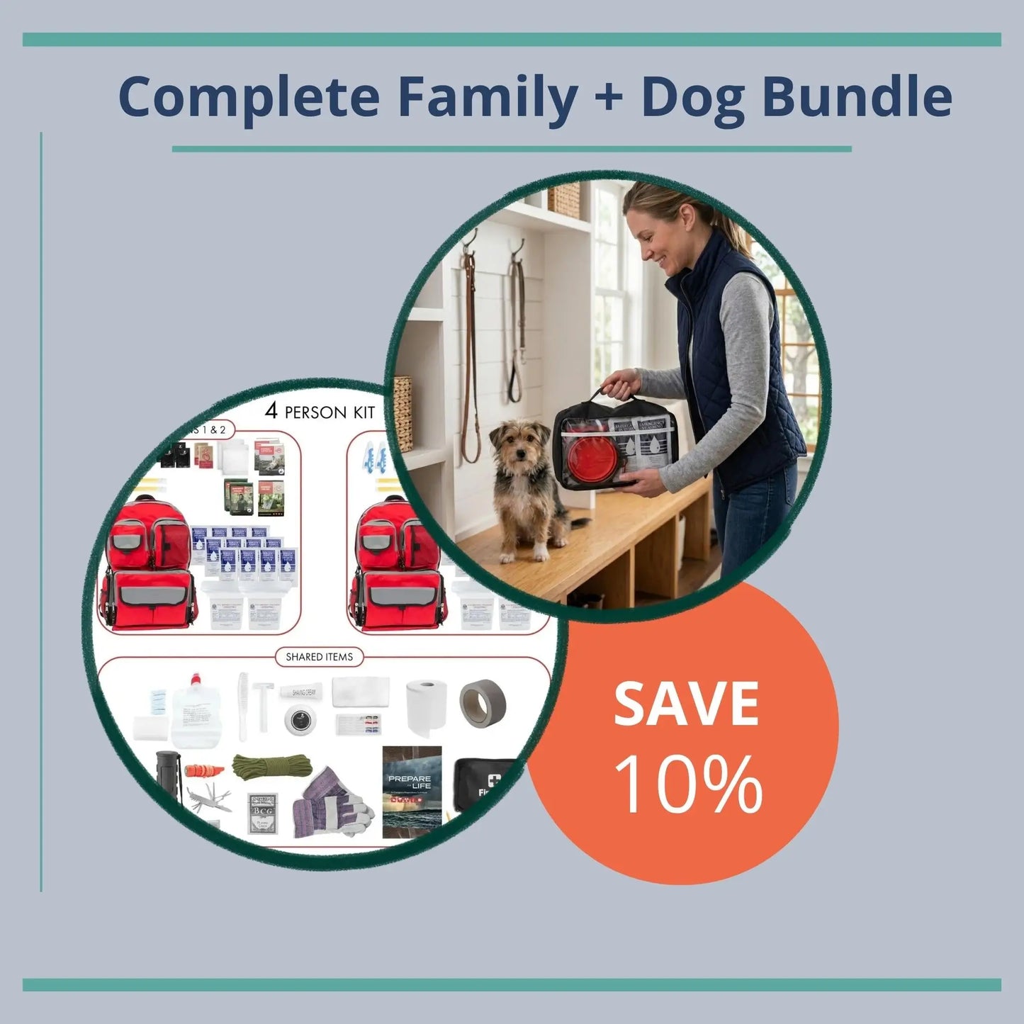 Promotional graphic for a 'Complete Family + Dog Bundle' with text and images of a woman, dog, and product packaging.