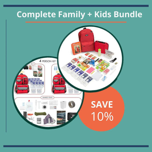 Promotional graphic for a 'Complete Family + Kids Bundle' with red backpacks and supplies on a teal background.