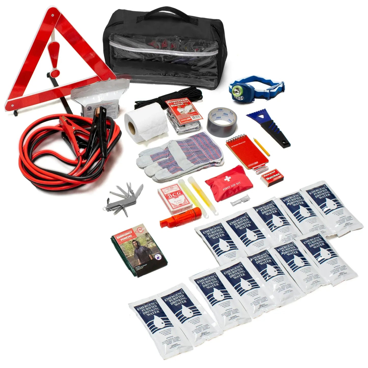 A comprehensive emergency preparedness and survival kit laid out on a white background, including a red triangular warning sign, a black zippered bag, jumper cables, duct tape, gloves, a multi-tool, first-aid items, water purification tablets, and other survival tools.
