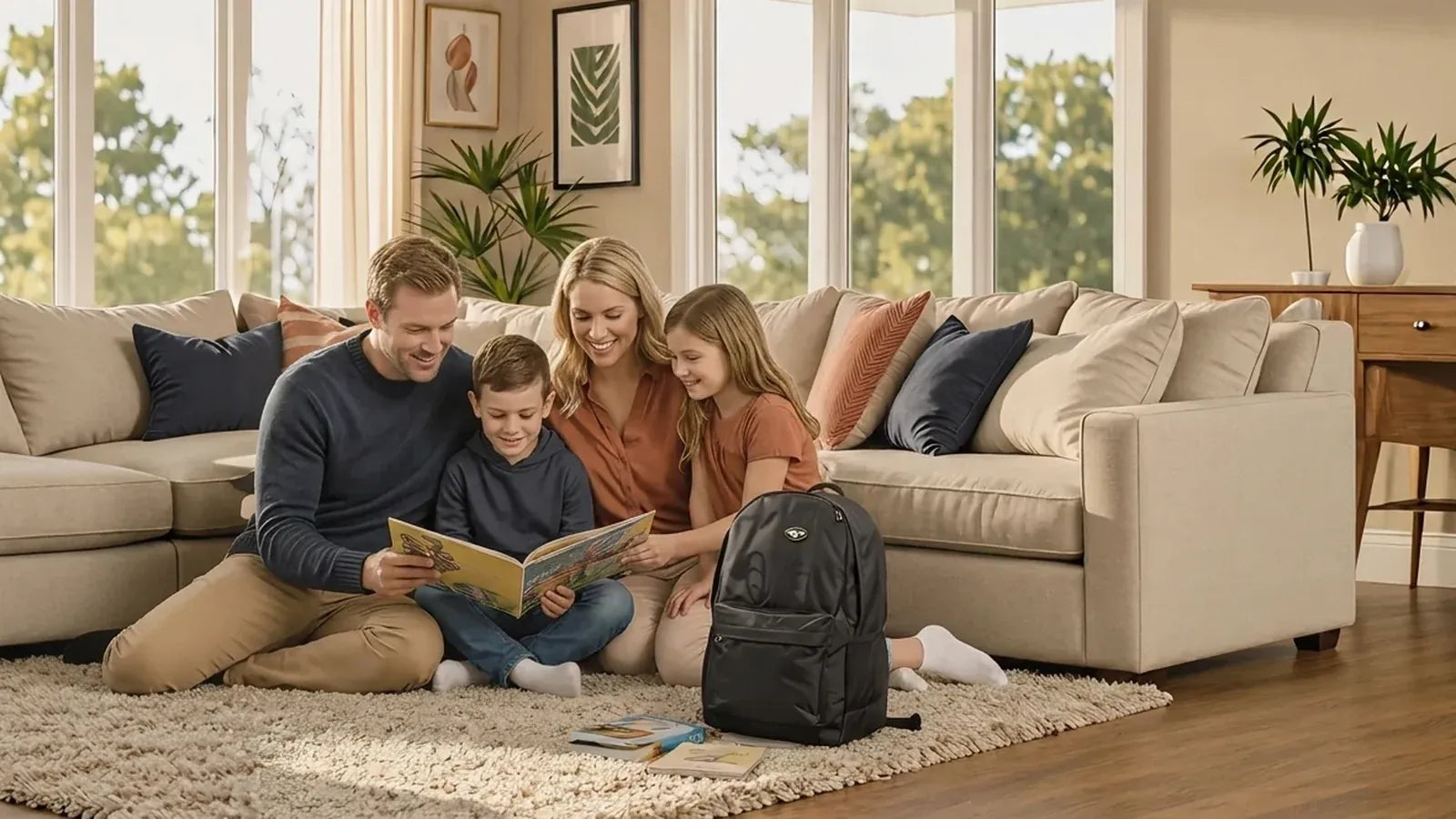 A family of four sits on a beige sectional sofa in a bright living room, reading a book on a light rug. A black backpack rests on the floor in front of them.