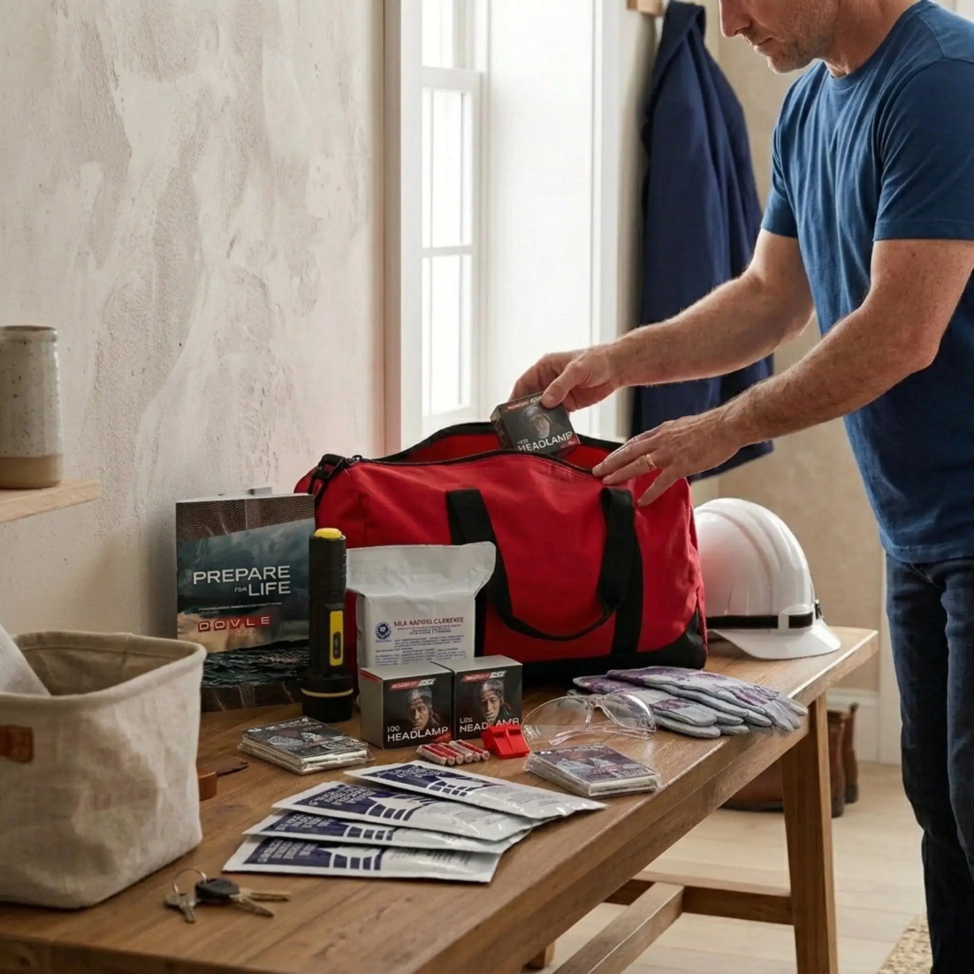 Man packing a red bag on a table with various items