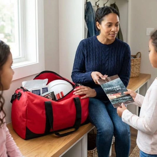 Woman showing a child a preparedness kit while another child looks on, with a red duffel bag filled with supplies.