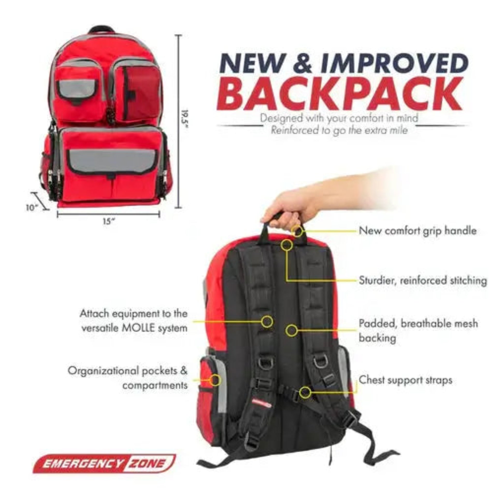 Red and black backpack with features highlighted on a white background