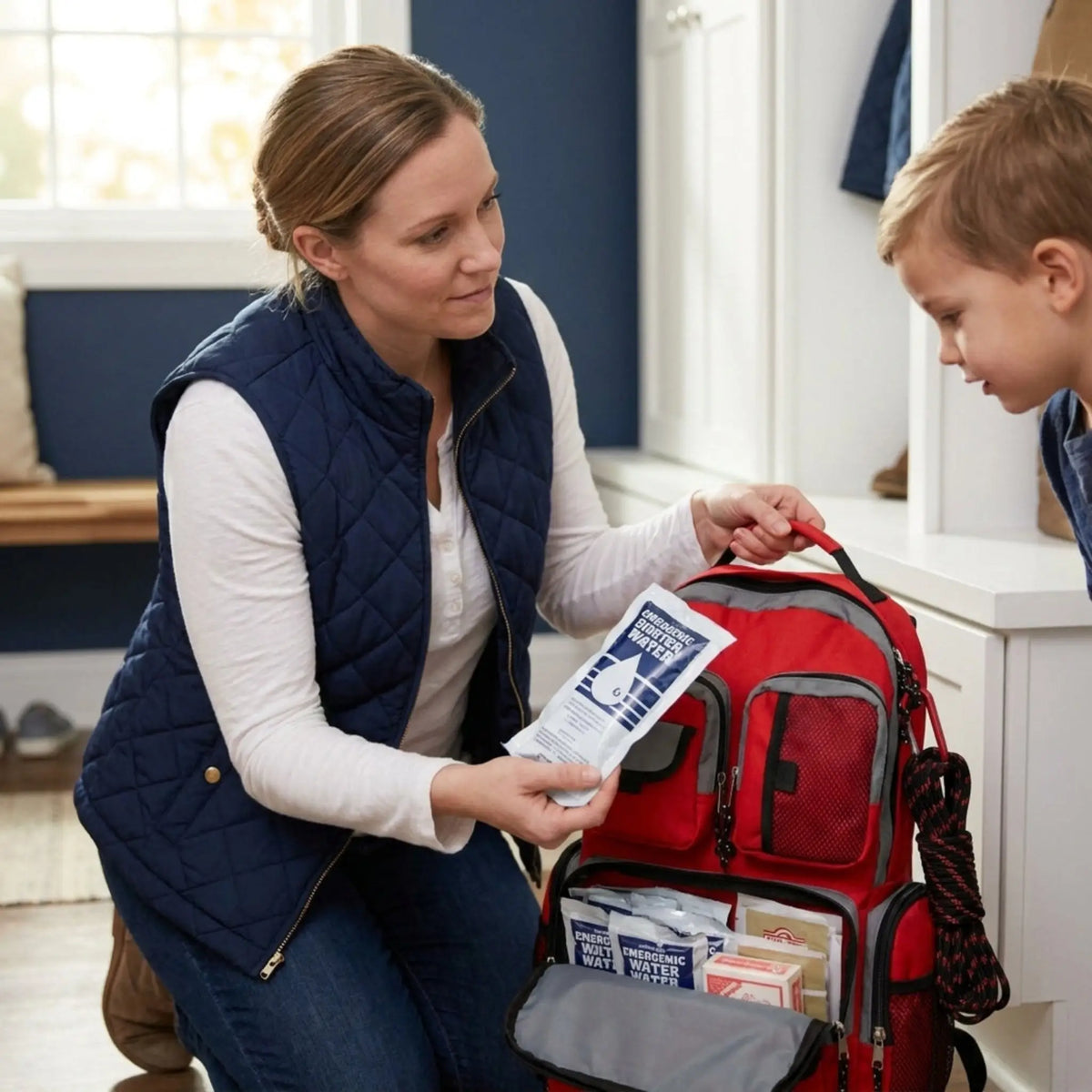 Woman and child looking into a red backpack together