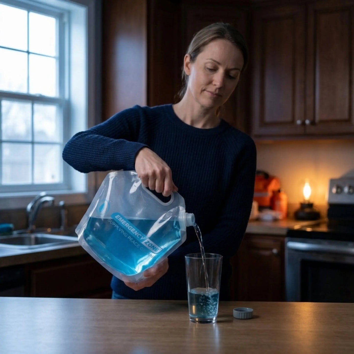 A woman in a navy blue sweater pours water from a clear plastic water bottle with blue branding into a glass on a kitchen counter.