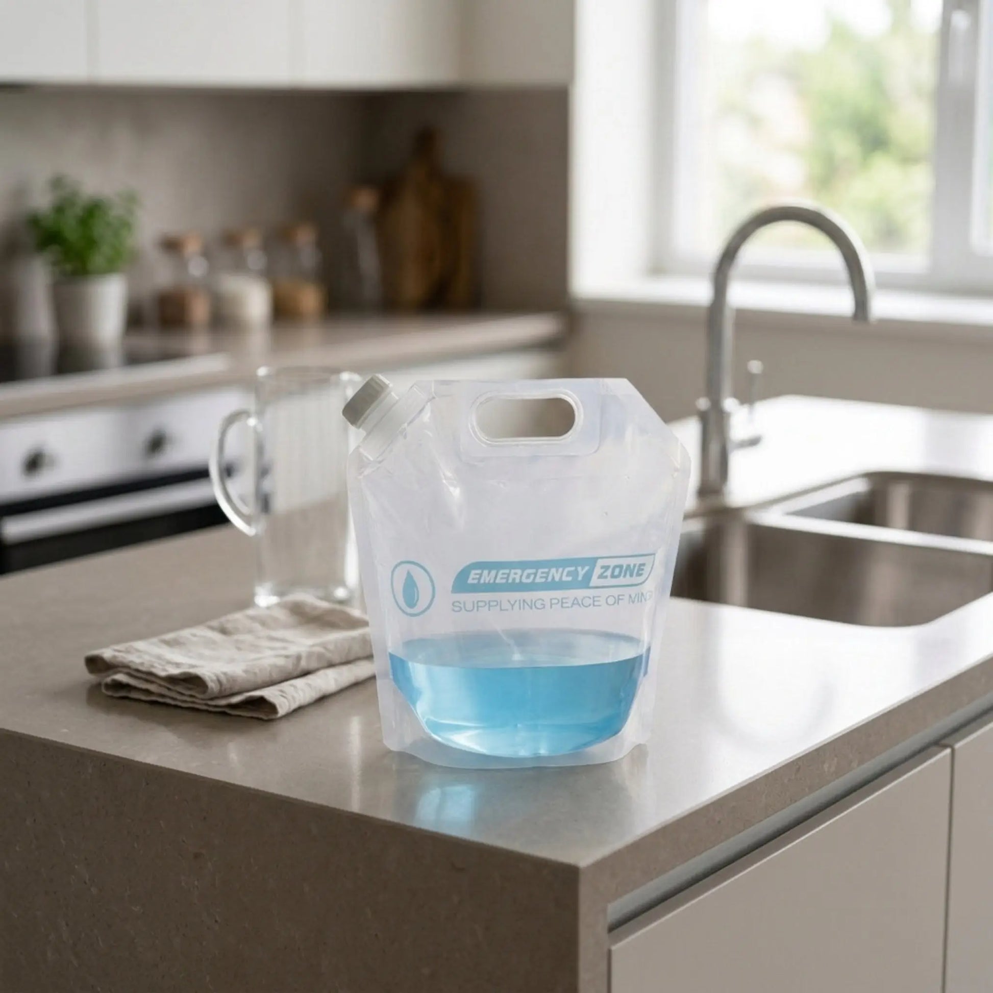 A clear plastic emergency water storage bag filled with blue water sits on a kitchen countertop near a sink and faucet. The bag has a handle cutout and a printed label reading 'EMERGENCY ZONE' and 'SUPERMASTERS CANVAS'.