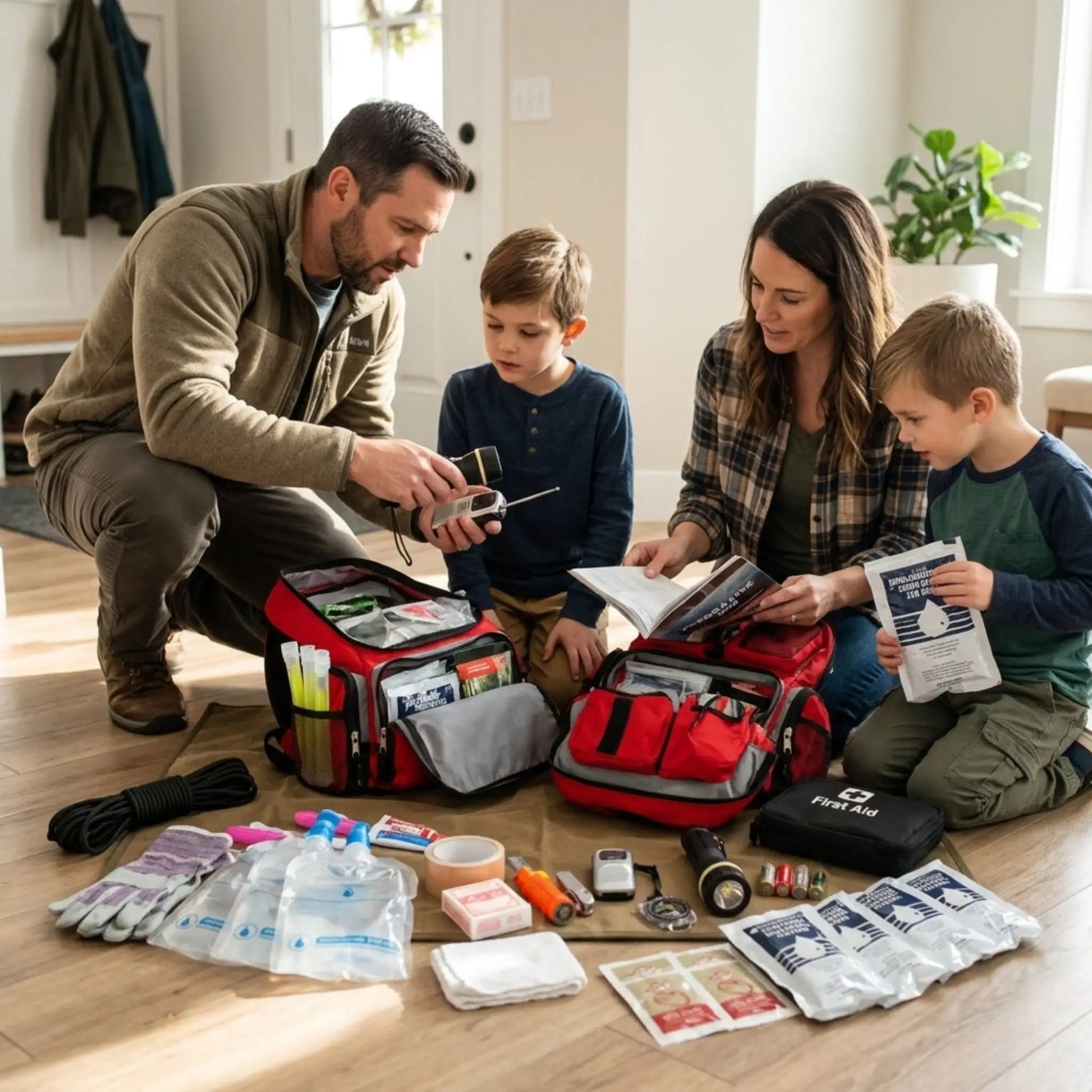 Family preparing an whole household bundle emergency kit together in a home setting