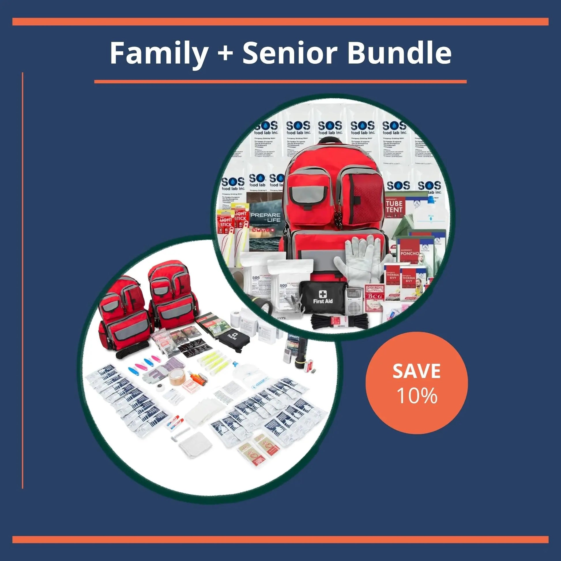 Family and Senior Bundle with red bags and medical supplies on a blue background