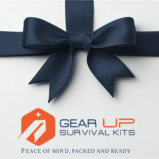 A dark navy blue satin ribbon bow tied neatly on a light gray background, with the Gear Up Survival Kits logo and slogan 'PEACE OF MIN, PACKED AND READY' printed below.
