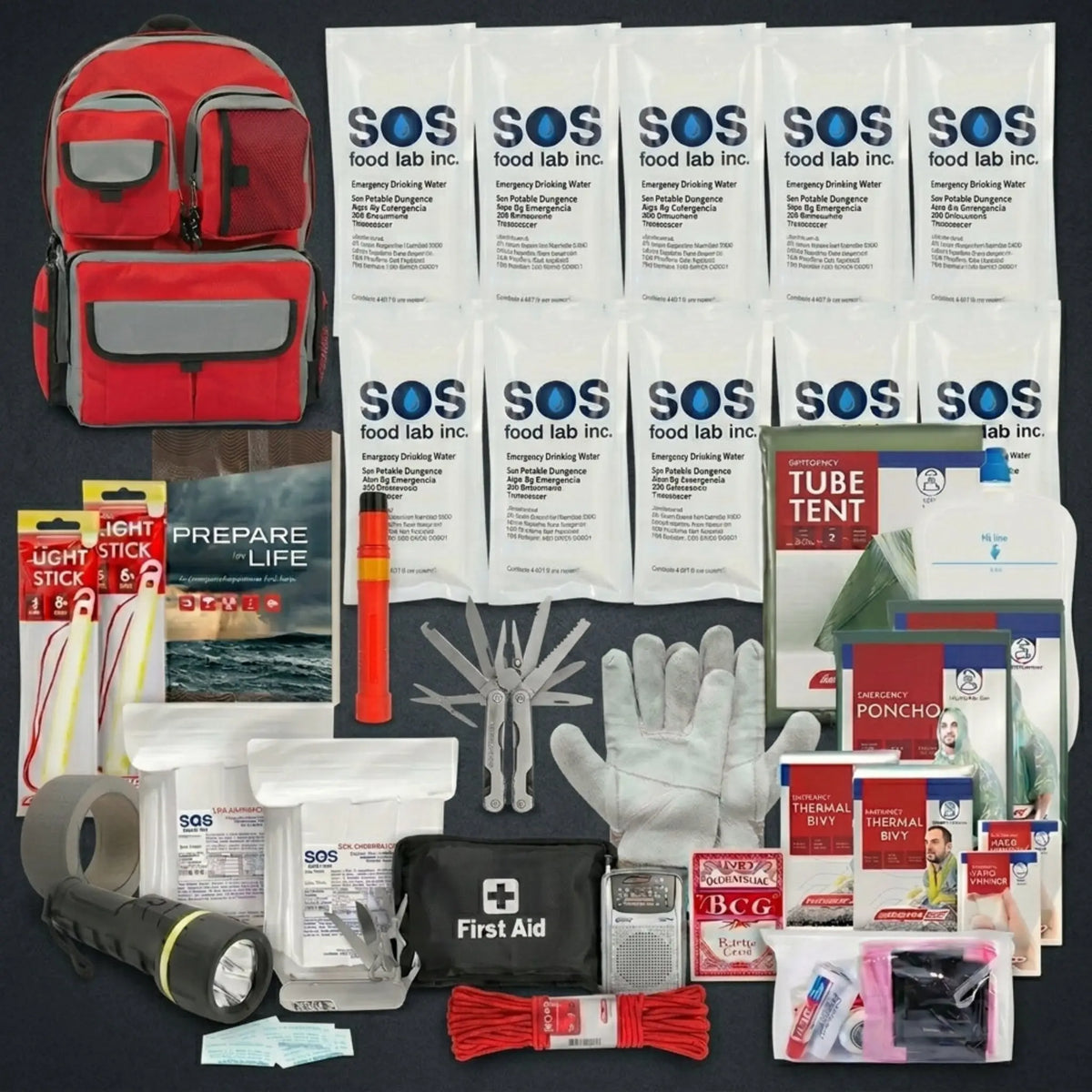 Collection of emergency supplies including a red backpack, water bottles, first aid kit, and other survival items on a black background.