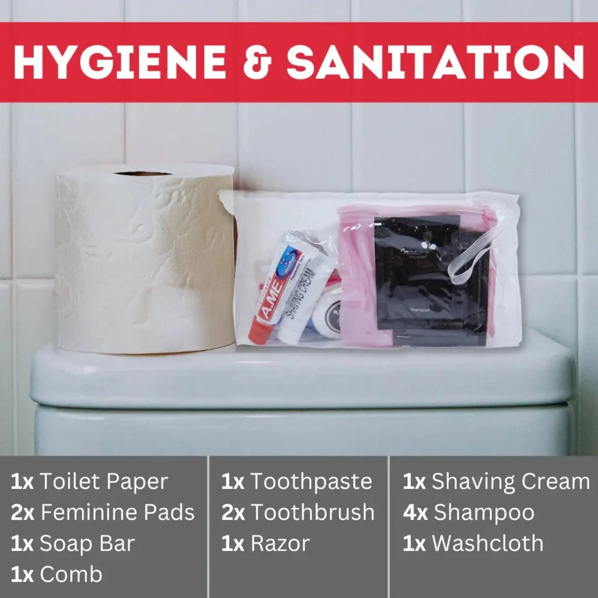 Hygiene and sanitation info card for Guardian Go Bag 2-person family emergency kit