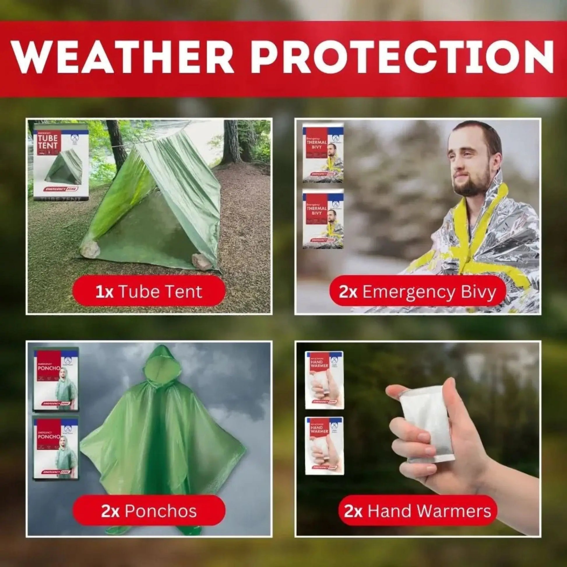 Weather protection info card for Guardian Go Bag 2-person family emergency kit
