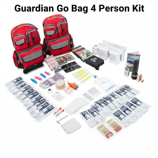 Guardian Go Bag 4-person 72-hour family emergency kit with full contents laid out on white background