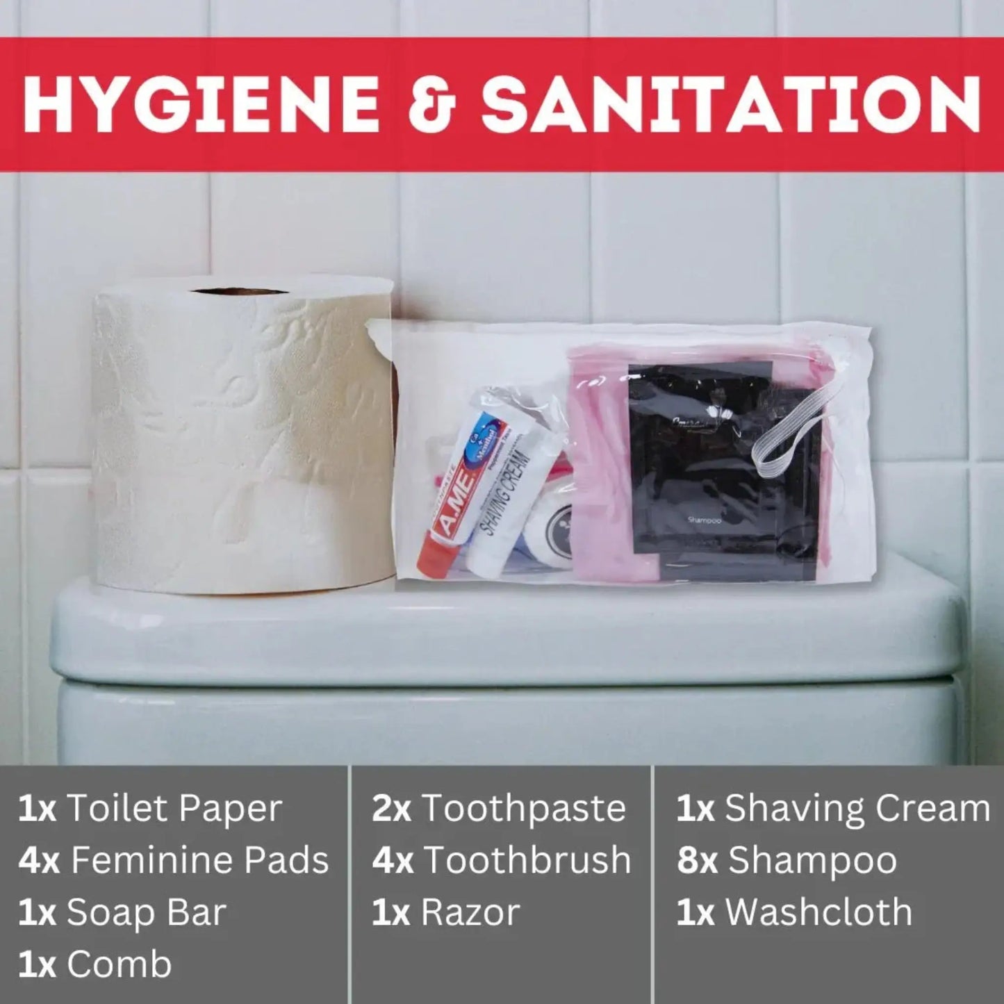 Hygiene and sanitation info card for Guardian Go Bag 4-person family emergency kit