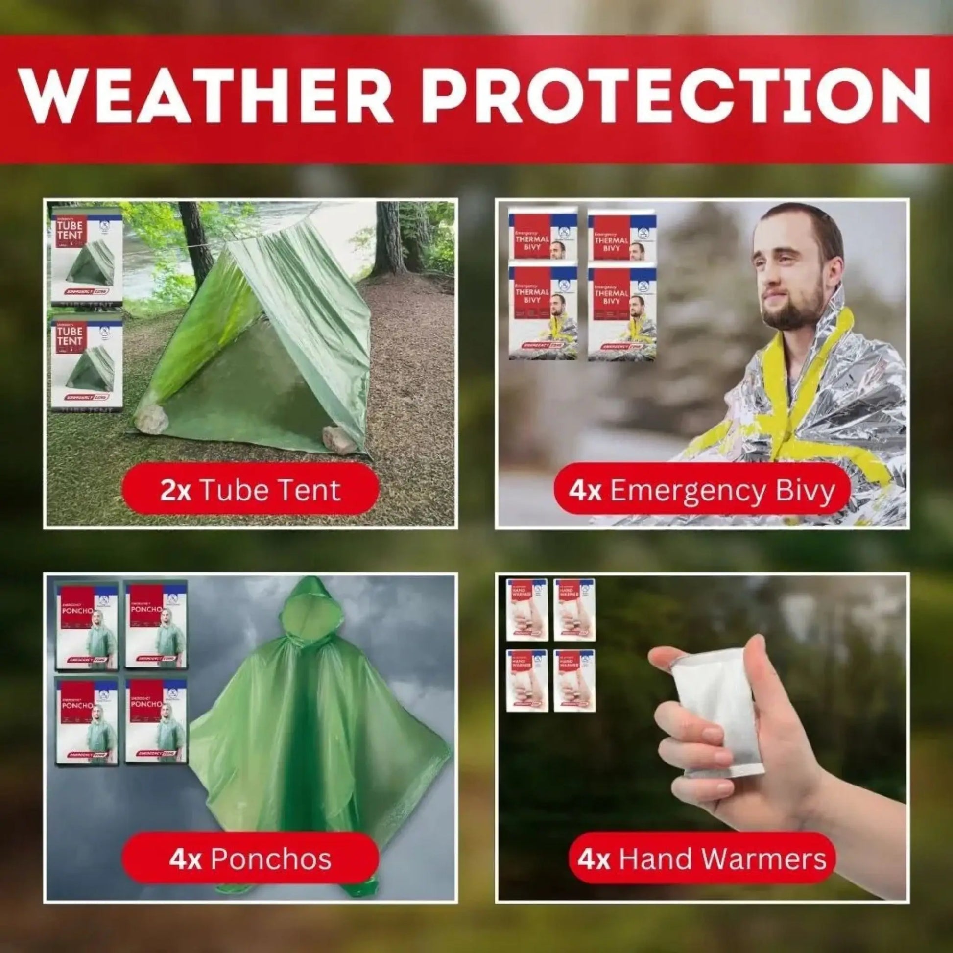 Weather protection info card for Guardian Go Bag 4-person family emergency kit