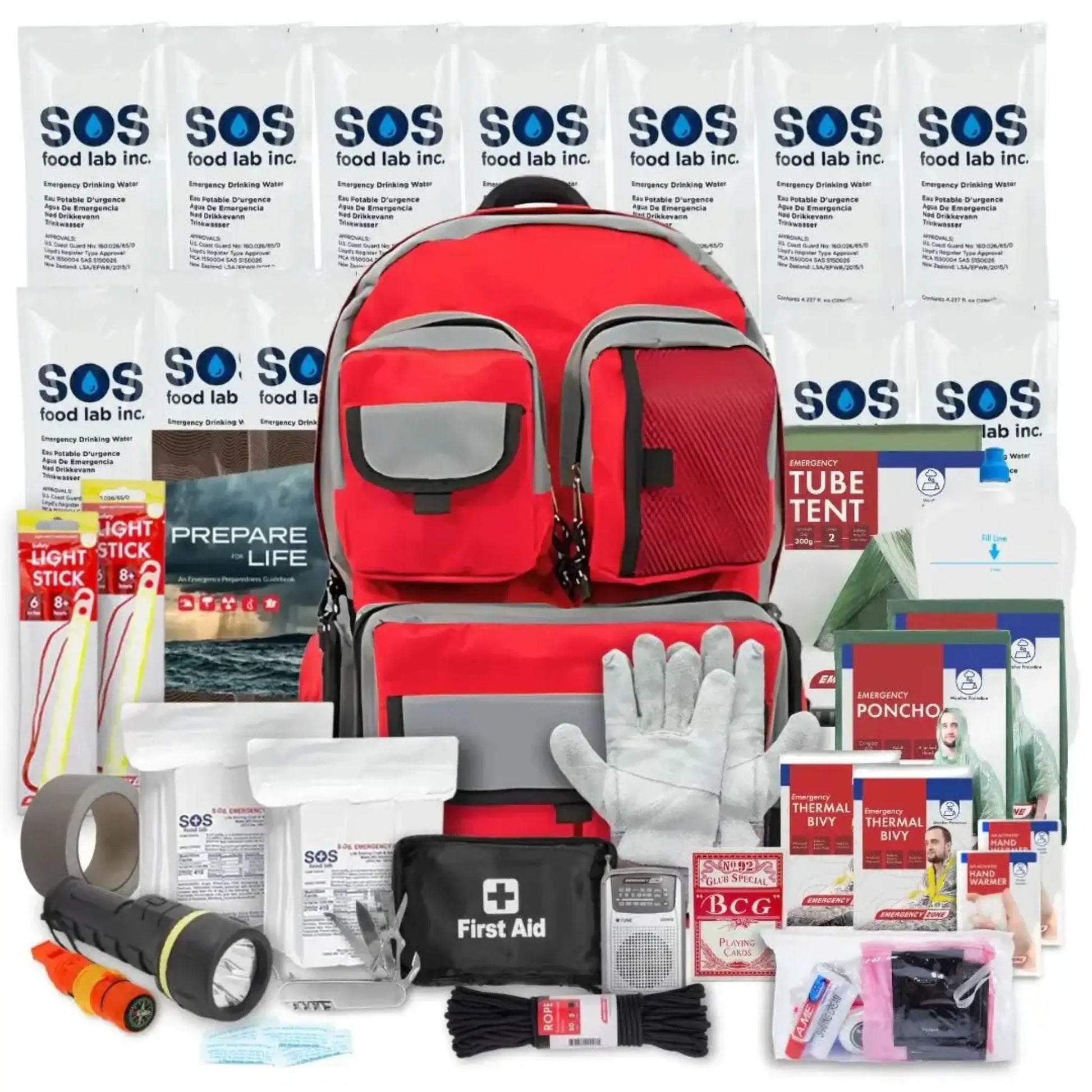 Guardian Go Bag 72-hour family emergency kit full contents including backpack, first aid, food, water, and survival gear for 2 person kit
