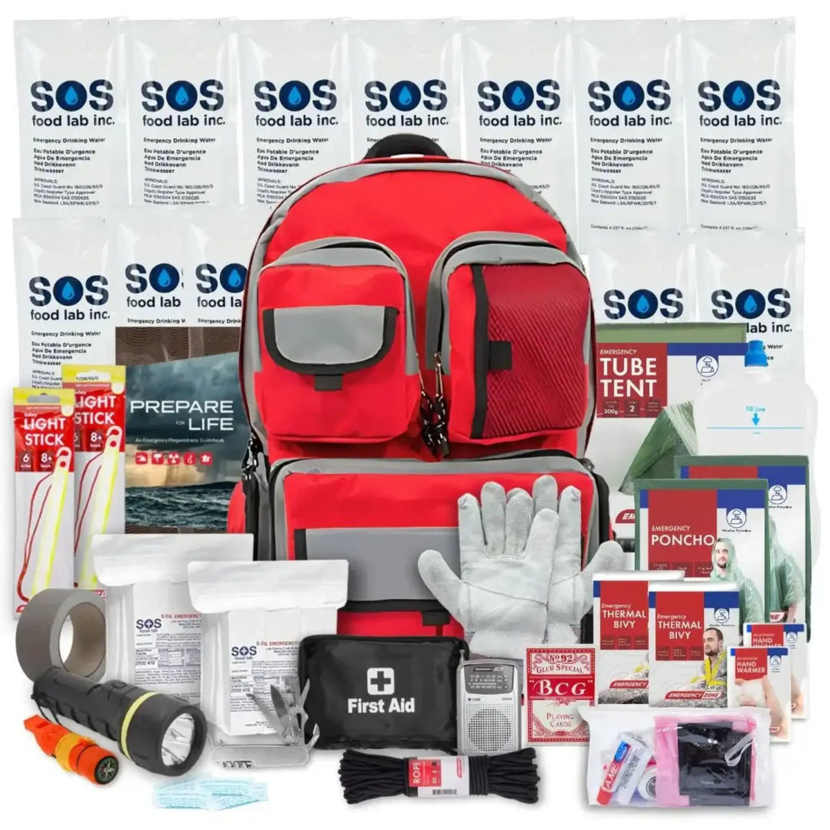 Guardian Go Bag 72-hour family emergency kit full contents including backpack, first aid, food, water, and survival gear for 2 person kit