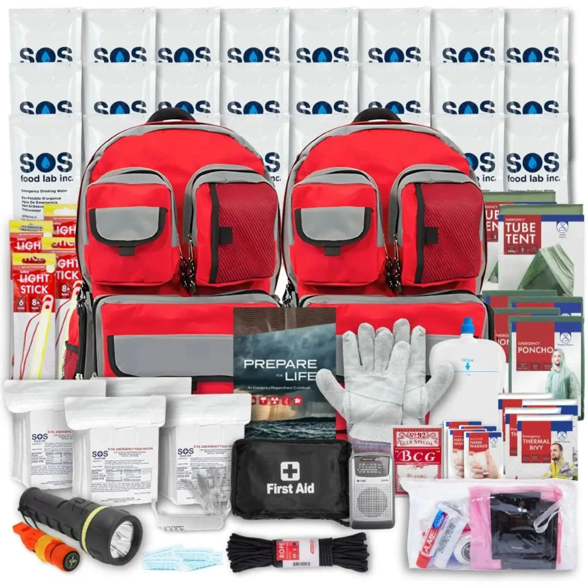 Guardian Go Bag 72-hour family emergency kit showing both red backpacks with full contents displayed for 4 person kit