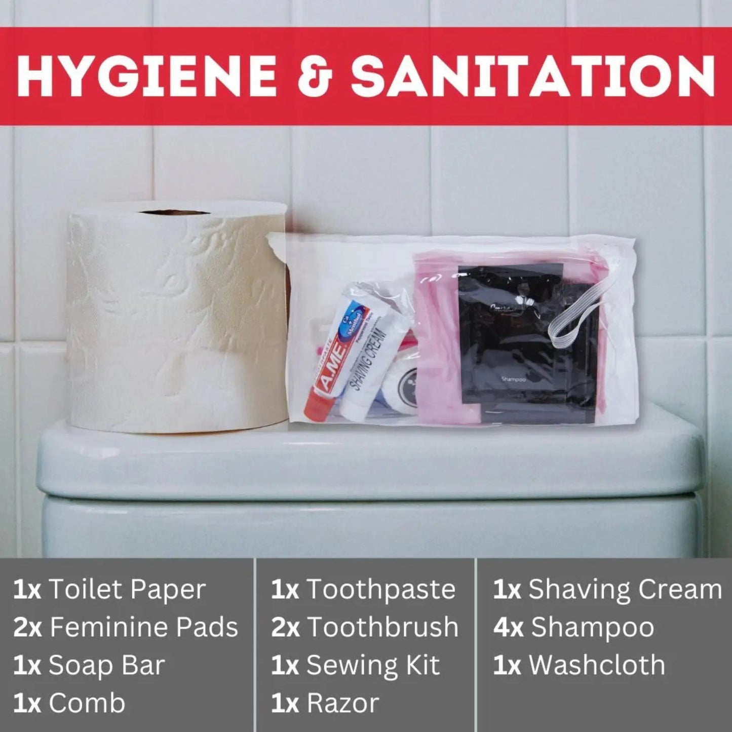 Hygiene and sanitation supplies info card included in RapidShield family emergency 2 person kit