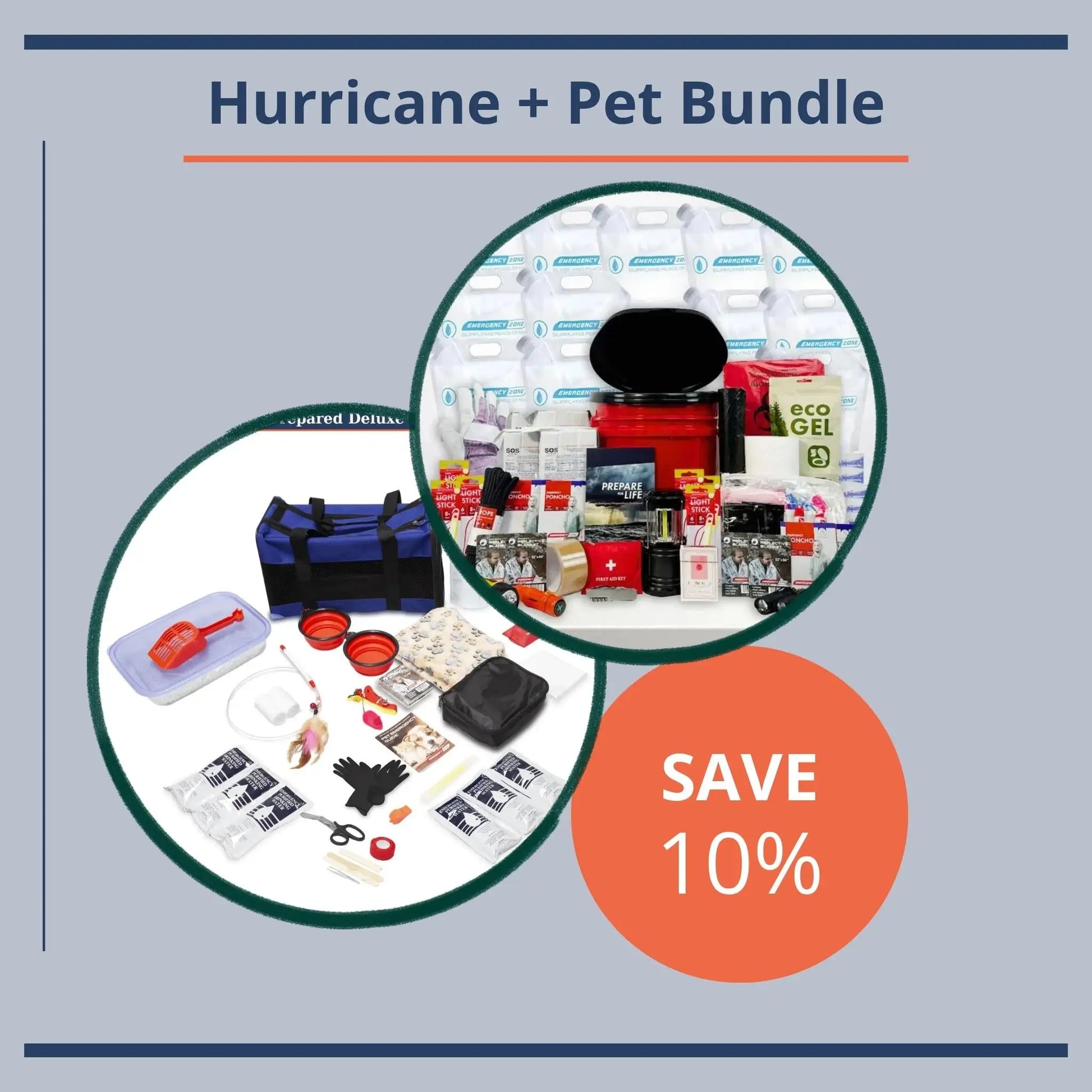 Promotional graphic for a Hurricane + Pet Bundle with product images and a save 10% offer on a gray background.