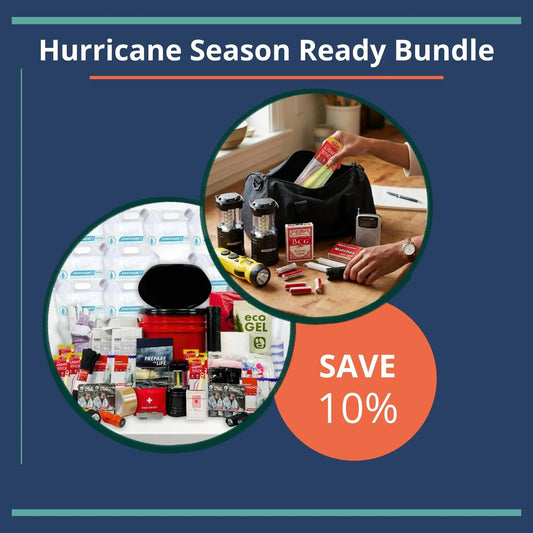 promotional discount image for hurricane season ready bundle depicting the 4 person hurricane kit plus the premium power outage kit
