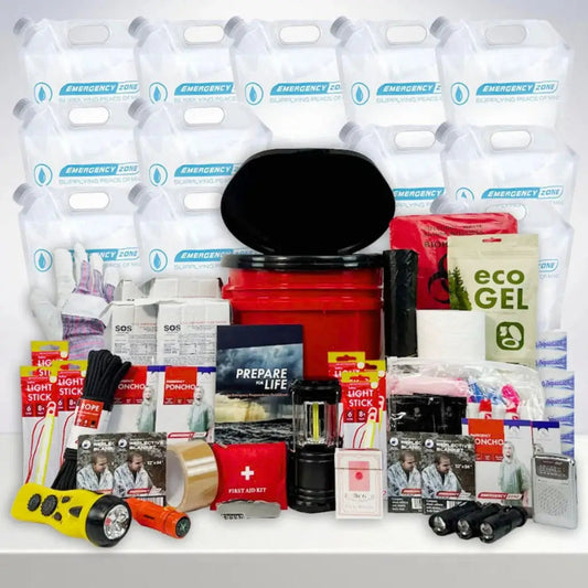 Hurricane Emergency preparedness kit with various supplies including water bottles, a flashlight, and batteries on a white background for 4 people in the bundle