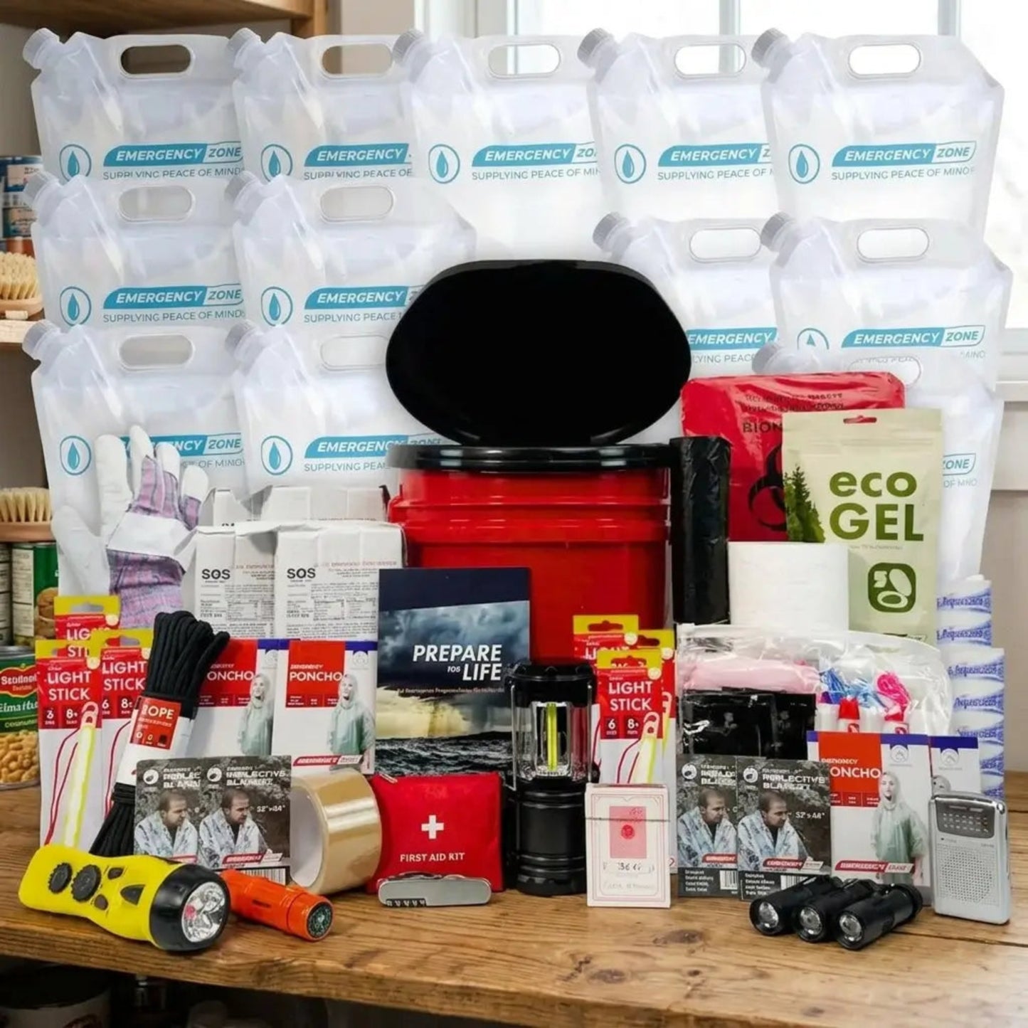 Emergency supplies including water bottles, flashlights, and first aid kits on a wooden table.