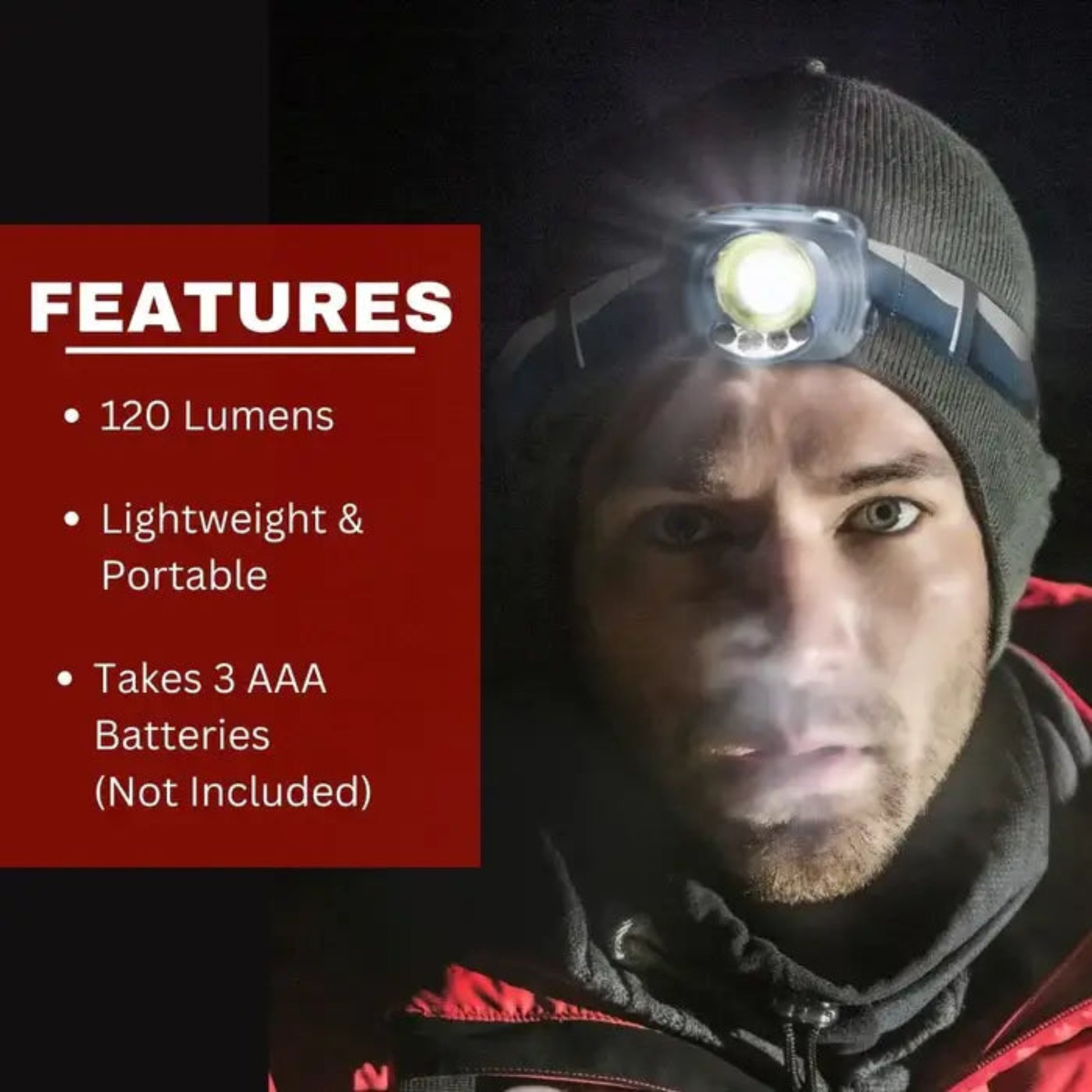 A man wearing a headlamp with a bright illuminated light, shown in a dark outdoor-style setting. A red text panel on the left lists features: 120 lumens, lightweight and portable, and takes 3 AAA batteries (not included).