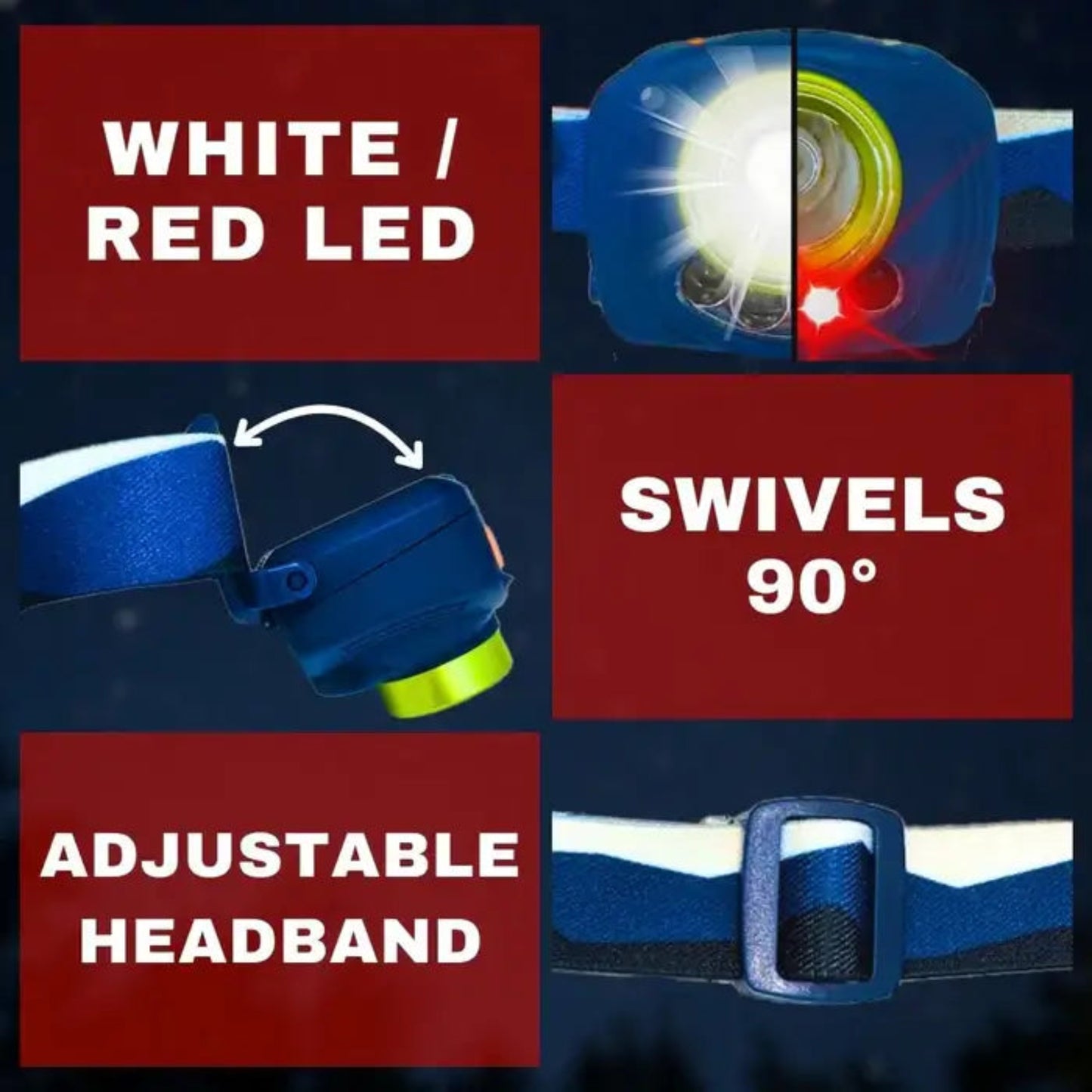 A 2x2 promotional collage for a headlamp. The top-right panel shows the headlamp with a bright white light and a red illuminated spot, labeled 'WHITE / RED LED'.
