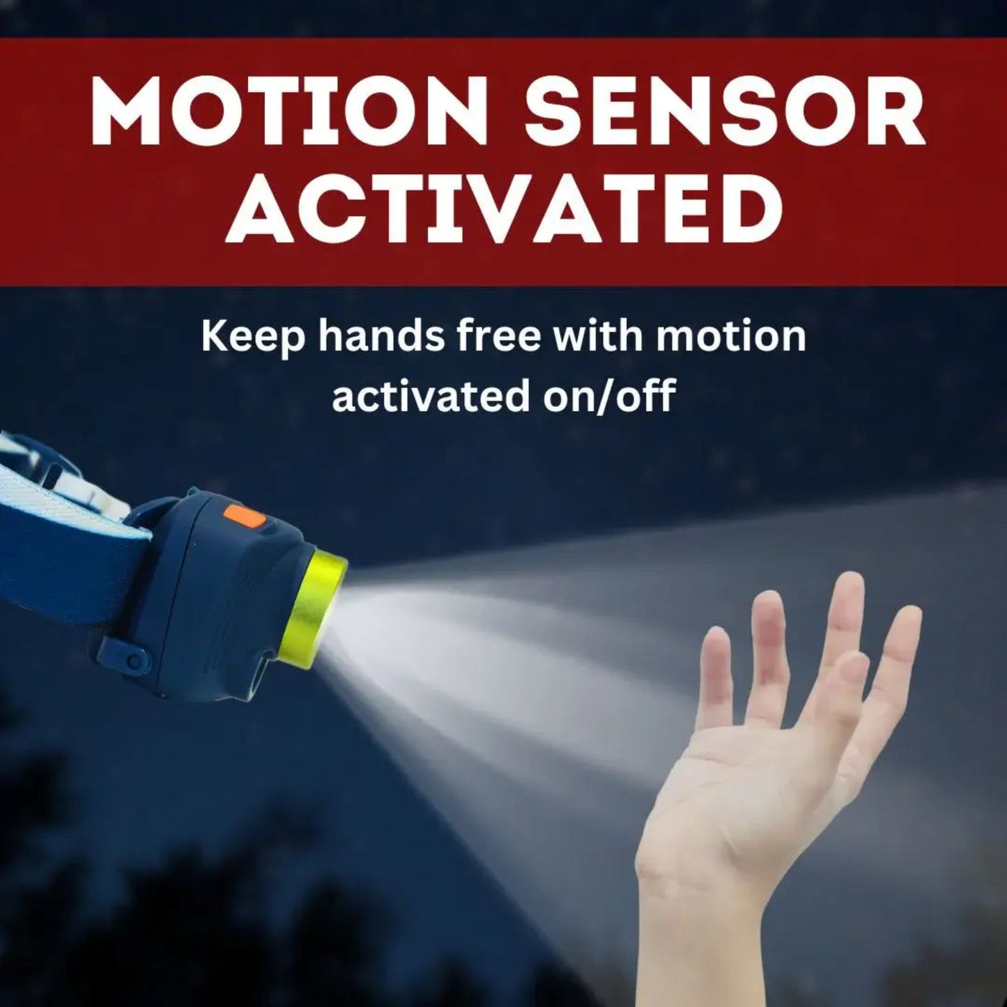 A motion sensor spray bottle is shown spraying water toward a human hand, with large text reading 'MOTION SENSOR ACTIVATED' at the top. The product appears blue with a bright yellow-green nozzle accent, and the background is a dark outdoor night scene.