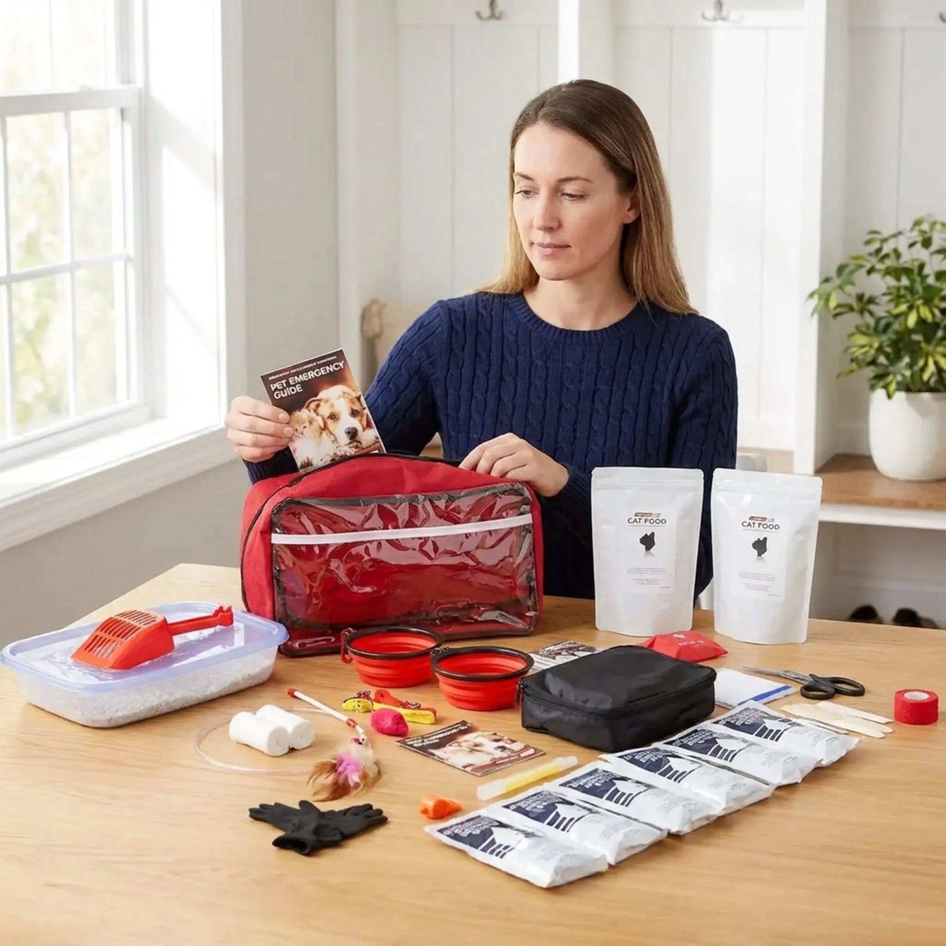 image of mom opening cat survival kit and displaying contents on table in front of her
