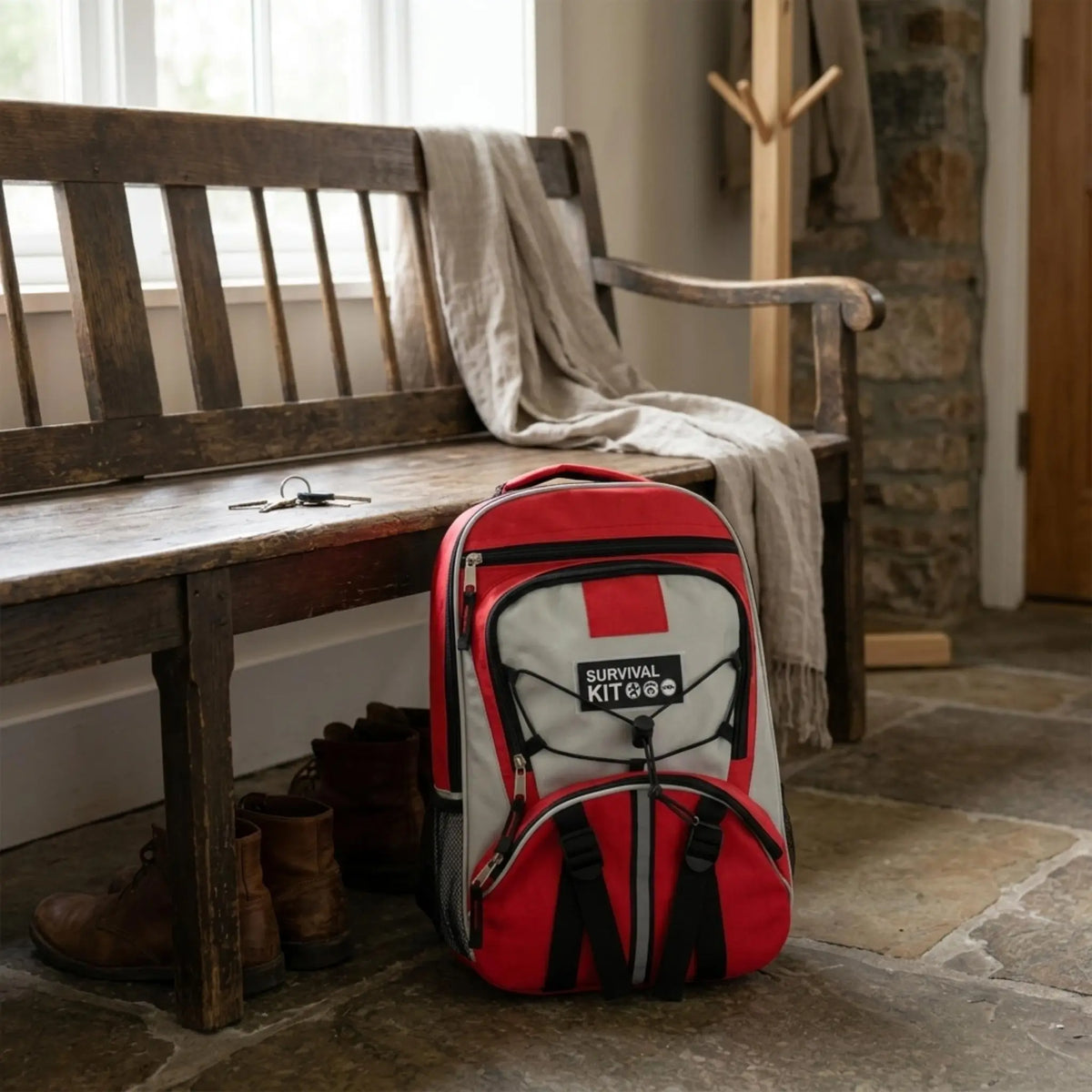 NightWatch emergency kit backpack on the stone floor of a home entryway beside a wooden bench