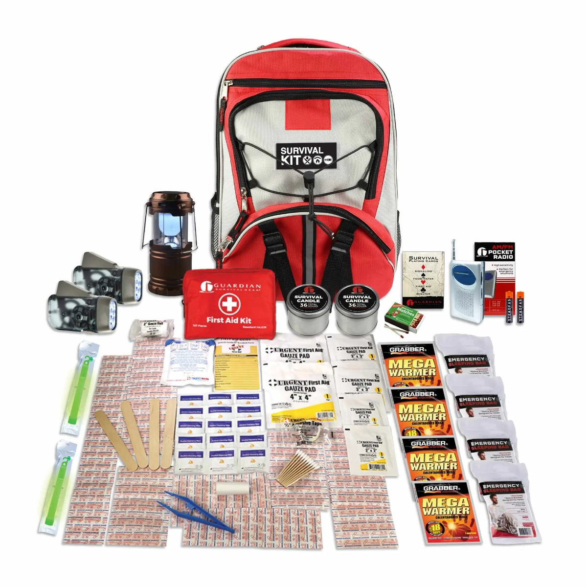 Full NightWatch kit contents with flashlights, lantern, radio, candles, first aid supplies, sleeping bags, and body warmers