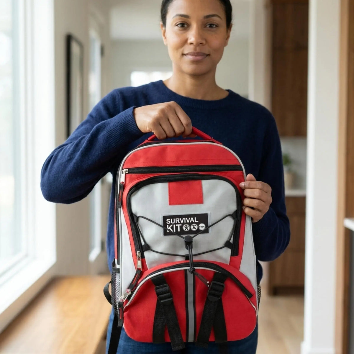 Woman holding the NightWatch home emergency survival kit backpack by its top handle