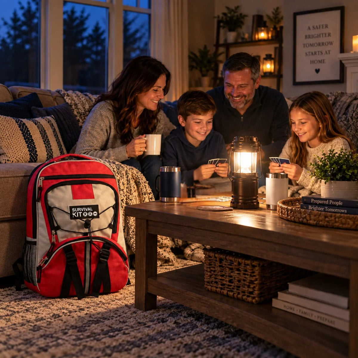Family of four playing survival cards by lantern light during a power outage, with the NightWatch backpack nearby