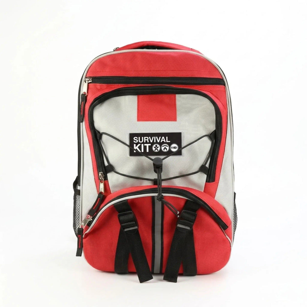 NightWatch home emergency survival kit backpack in red and gray on a white background