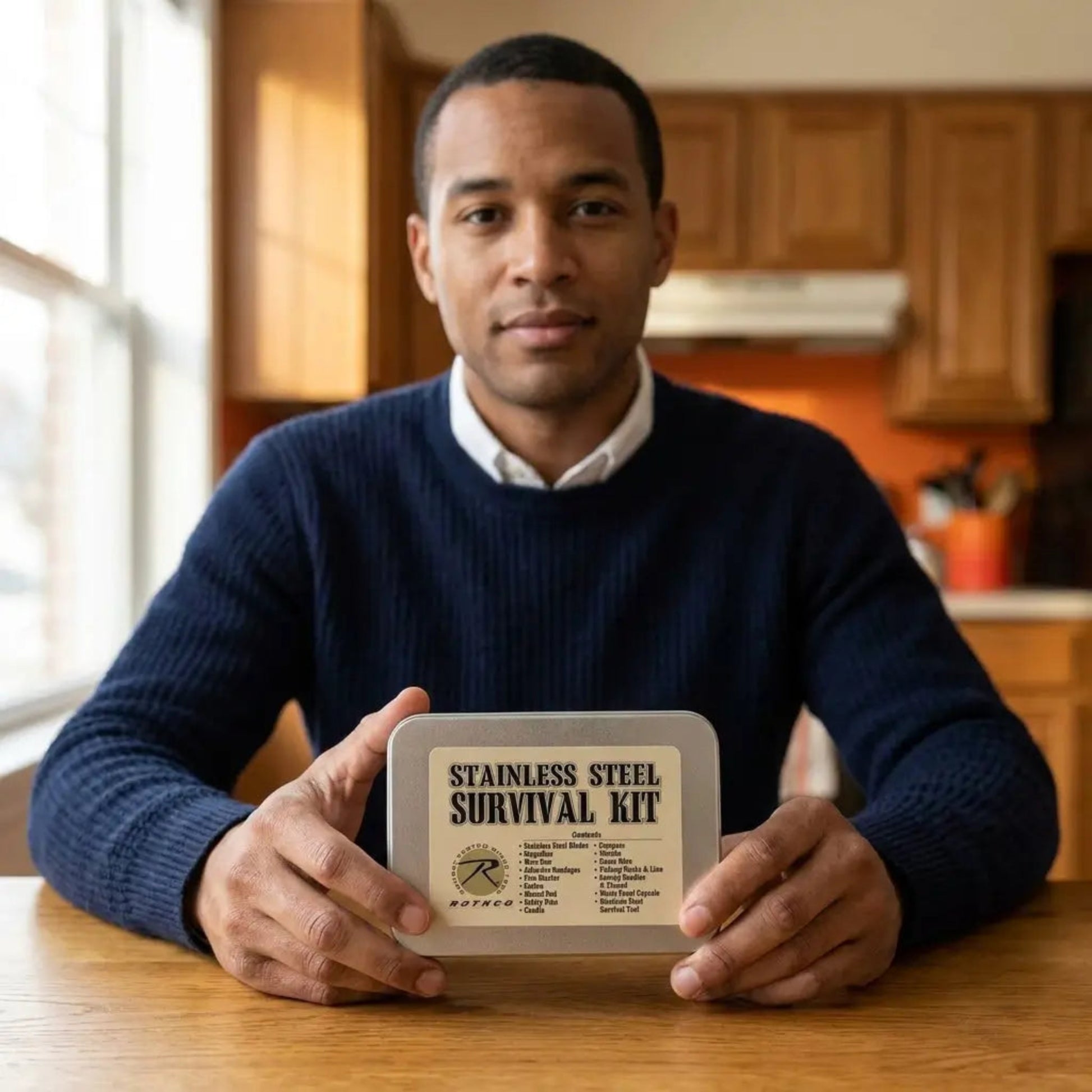 A man in a navy blue sweater holds a 'Stainless Steel Survival Kit' tin in front of his face in a kitchen setting.