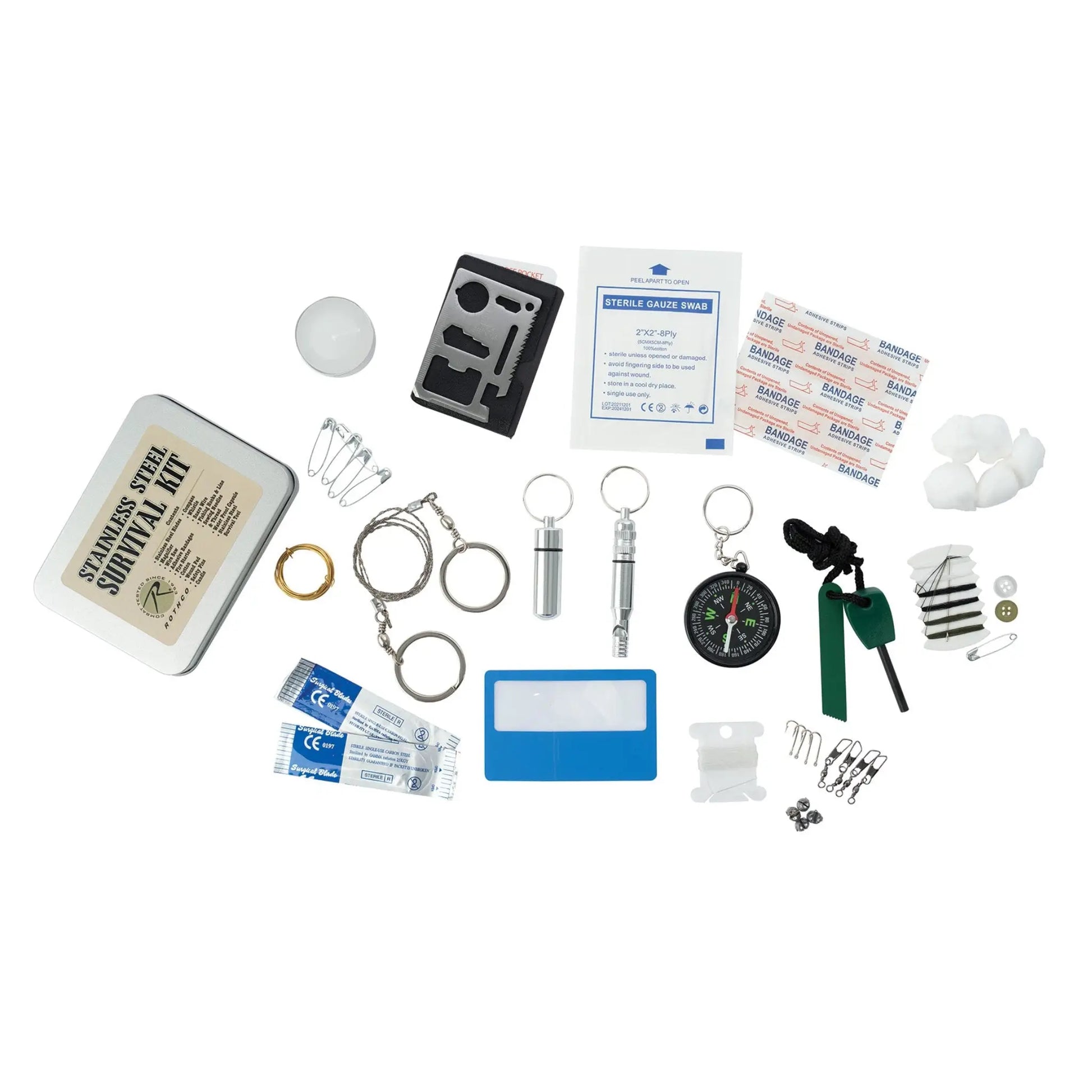 PocketShield portable emergency survival kit all weather tin with all contents spread out for better viewing