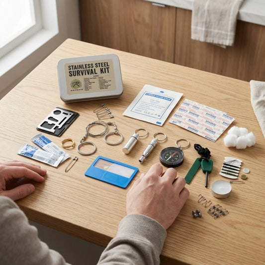 An emergency survival kit laid out on a light wood table, including a stainless steel survival kit tin, first aid materials, a whistle, a compass, keys, batteries, and other survival tools. A person's hands are visible interacting with the items.