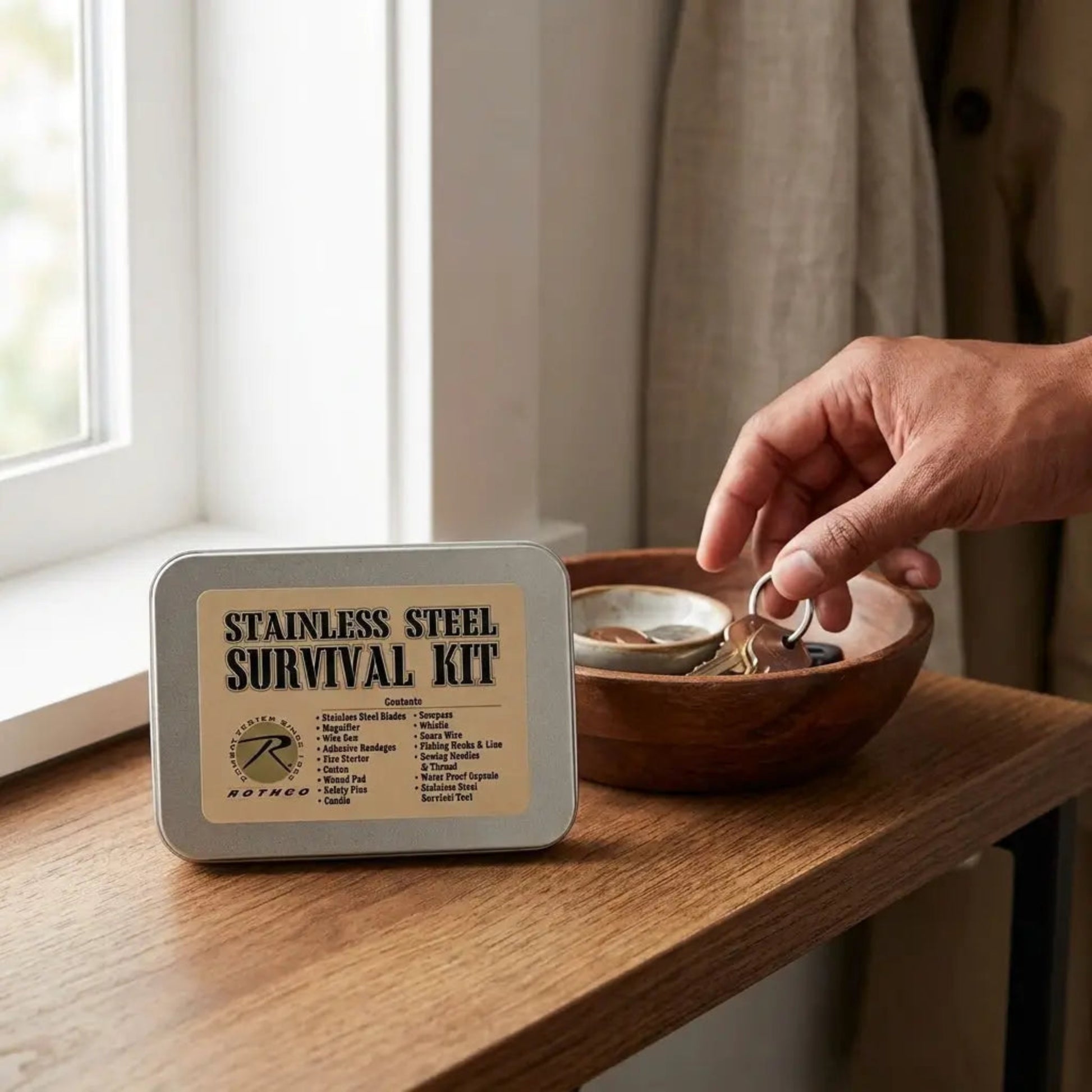 A stainless steel survival kit tin sits on a wooden table next to a bowl with a hand reaching in, near a window.