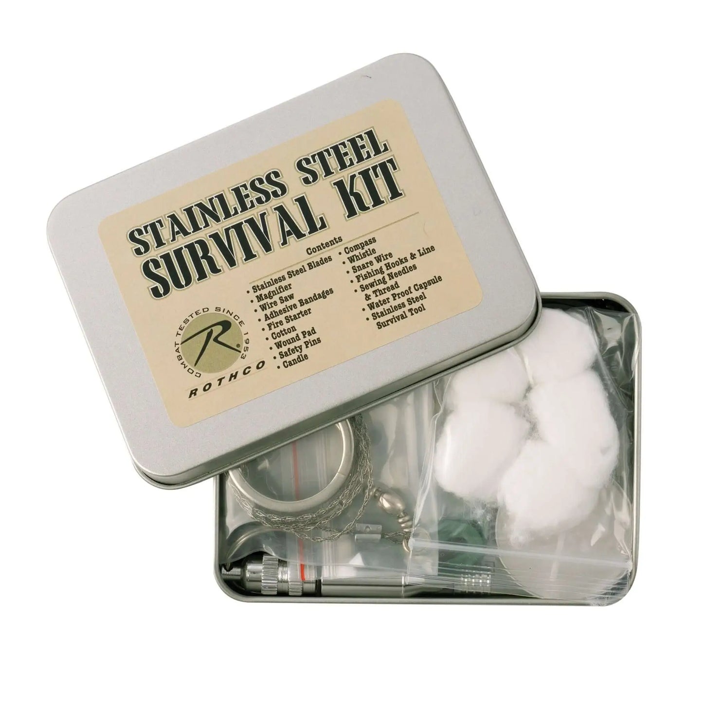 PocketShield pocket survival kit open showing contents including compass and fire starter