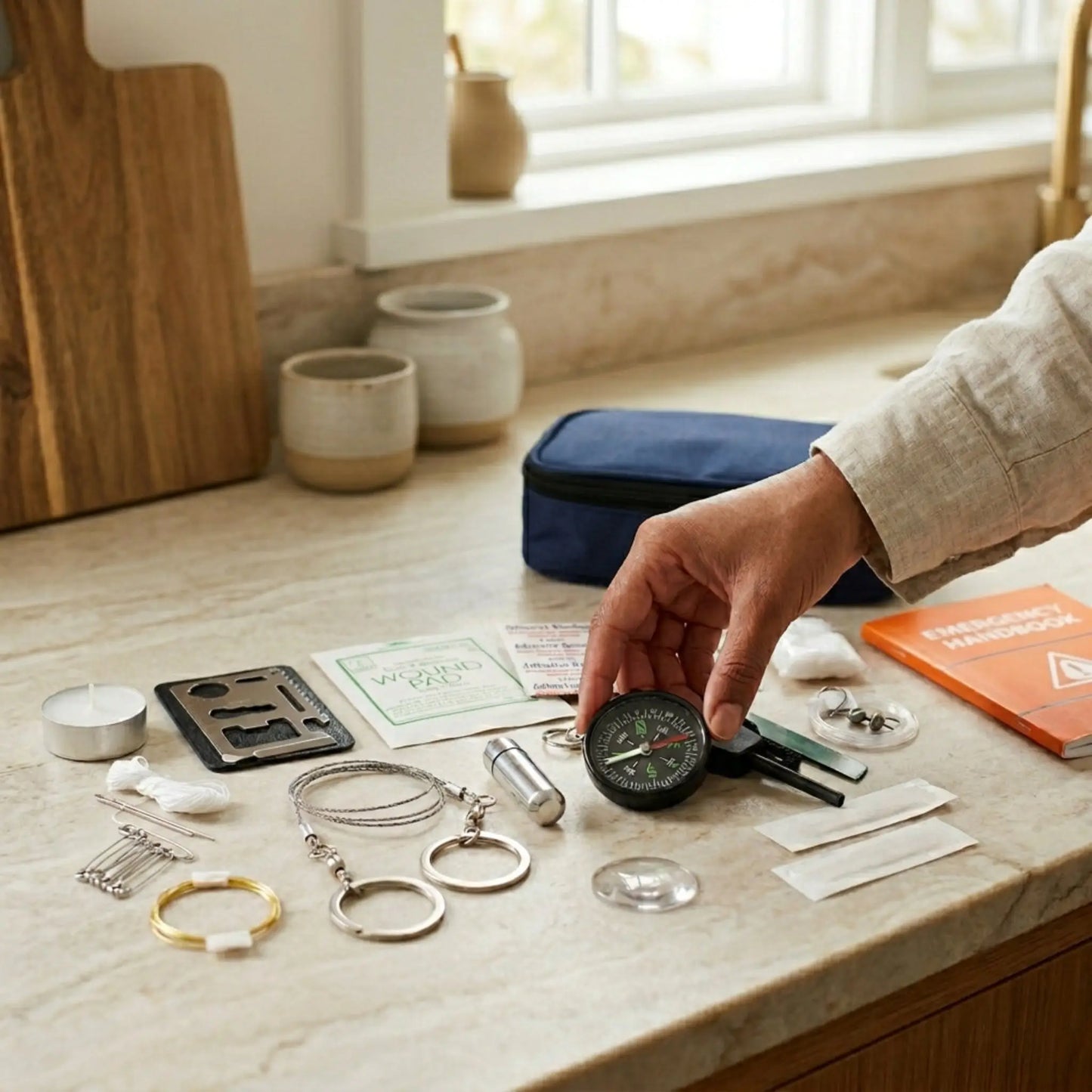 person holding compass with other items from kit laid out on counter around his hand