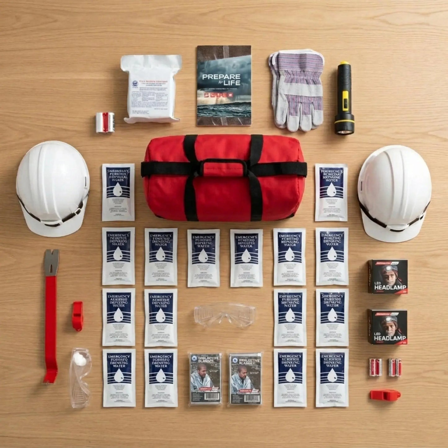 Emergency preparedness kit with supplies on a wooden surface