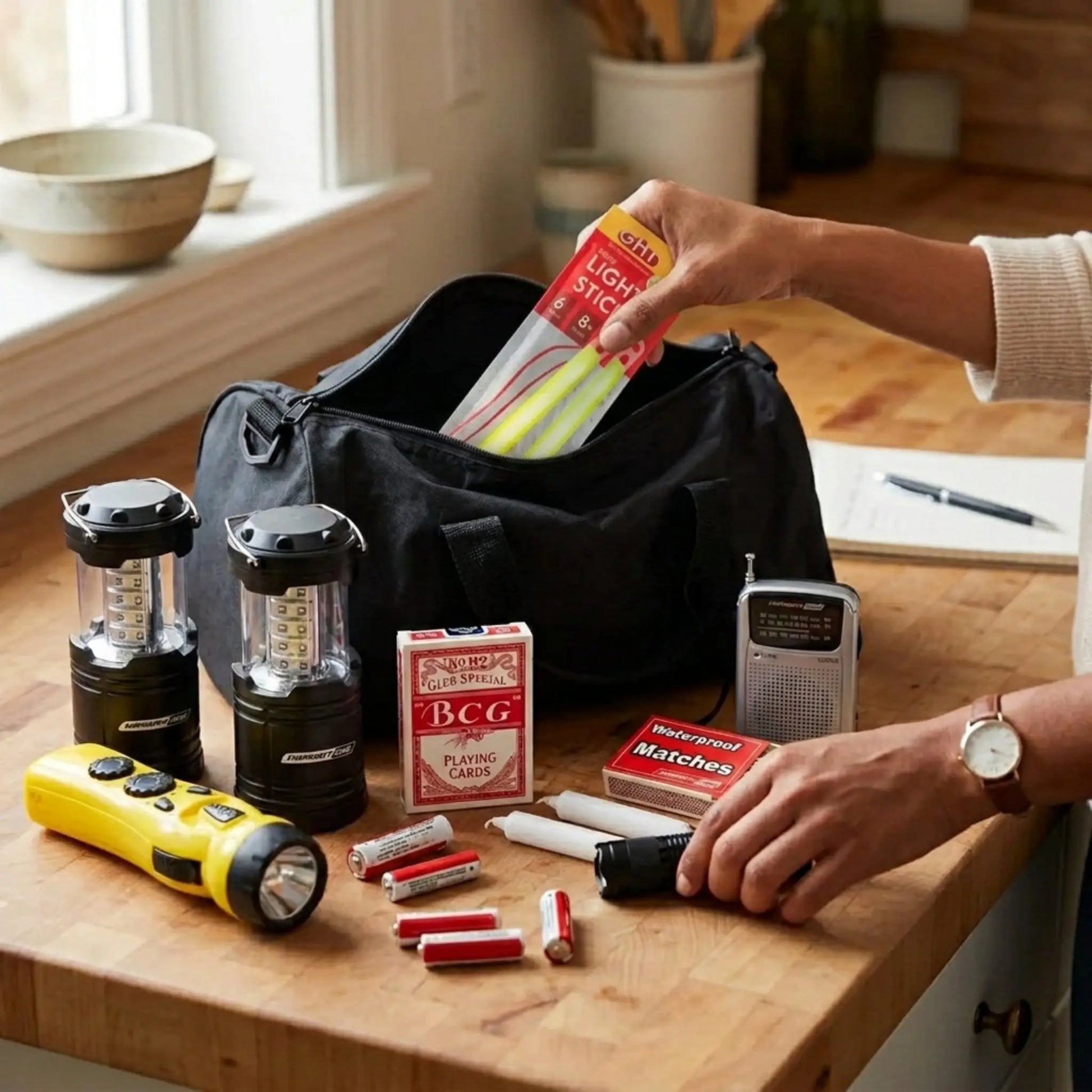 Person organizing emergency supplies including a flashlight, batteries, matches, and a radio on a wooden table.