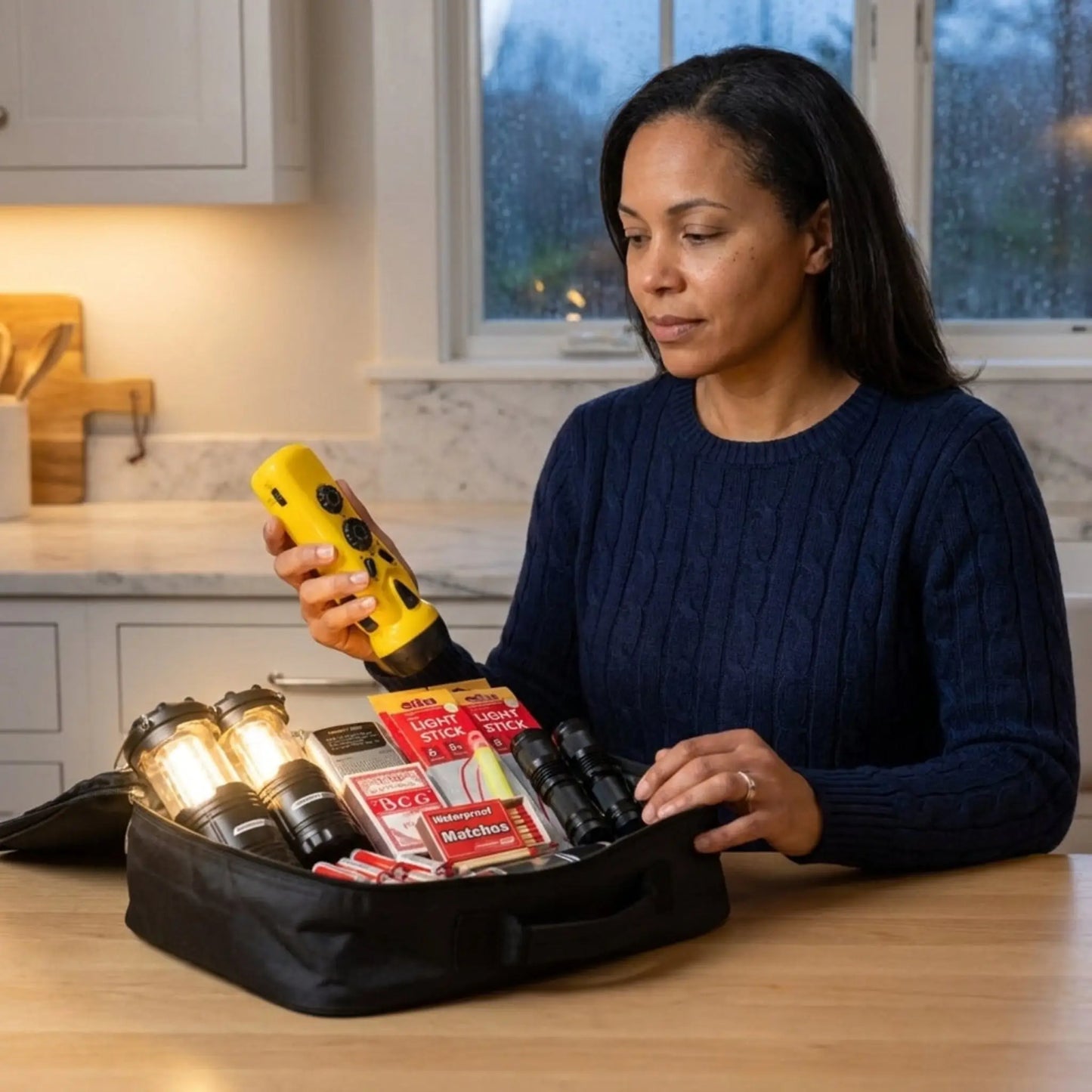 Woman in a kitchen holding a yellow flashlight over a black bag filled with emergency supplies.