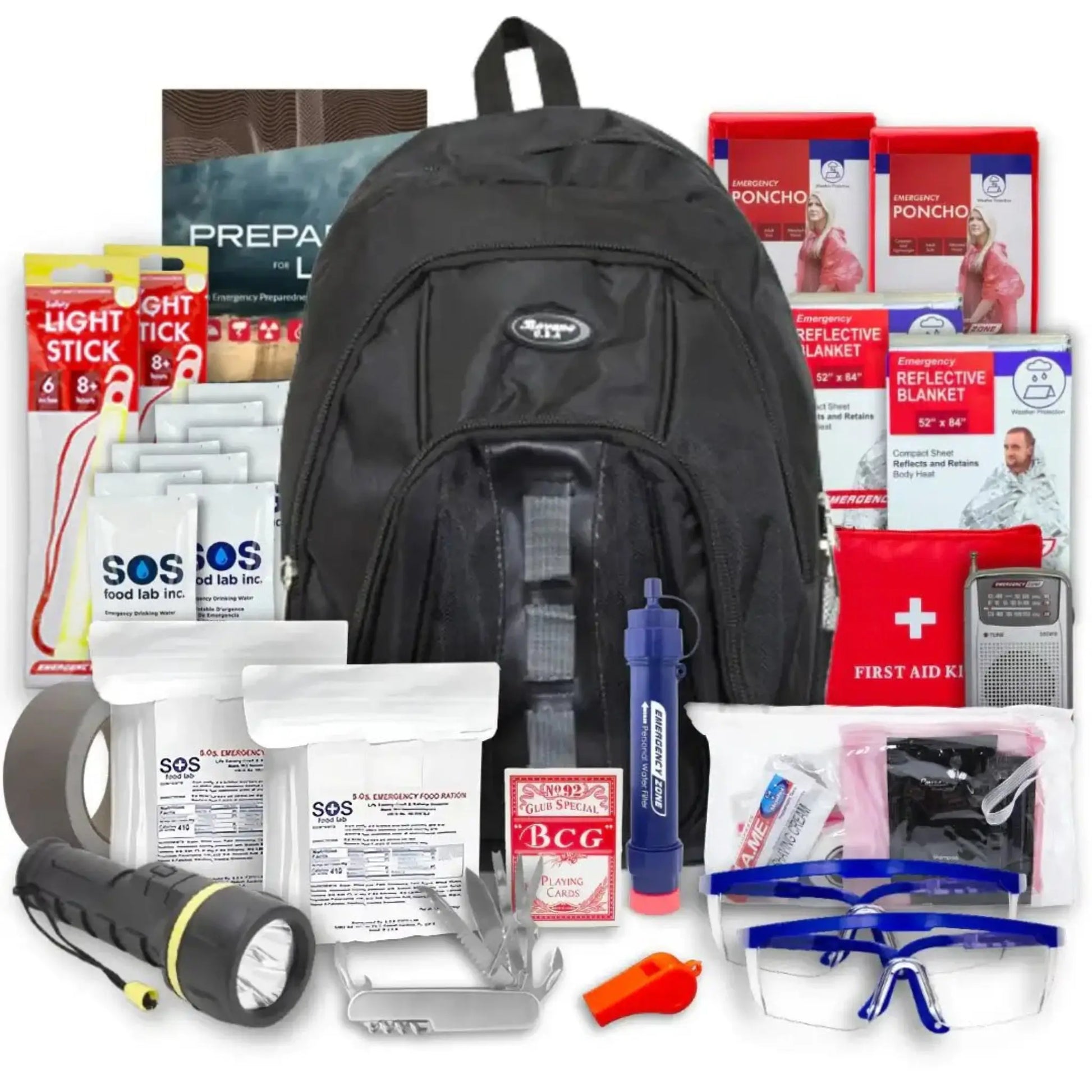 RapidShield 2-person 72-hour family emergency kit full contents including backpack and survival supplies in black